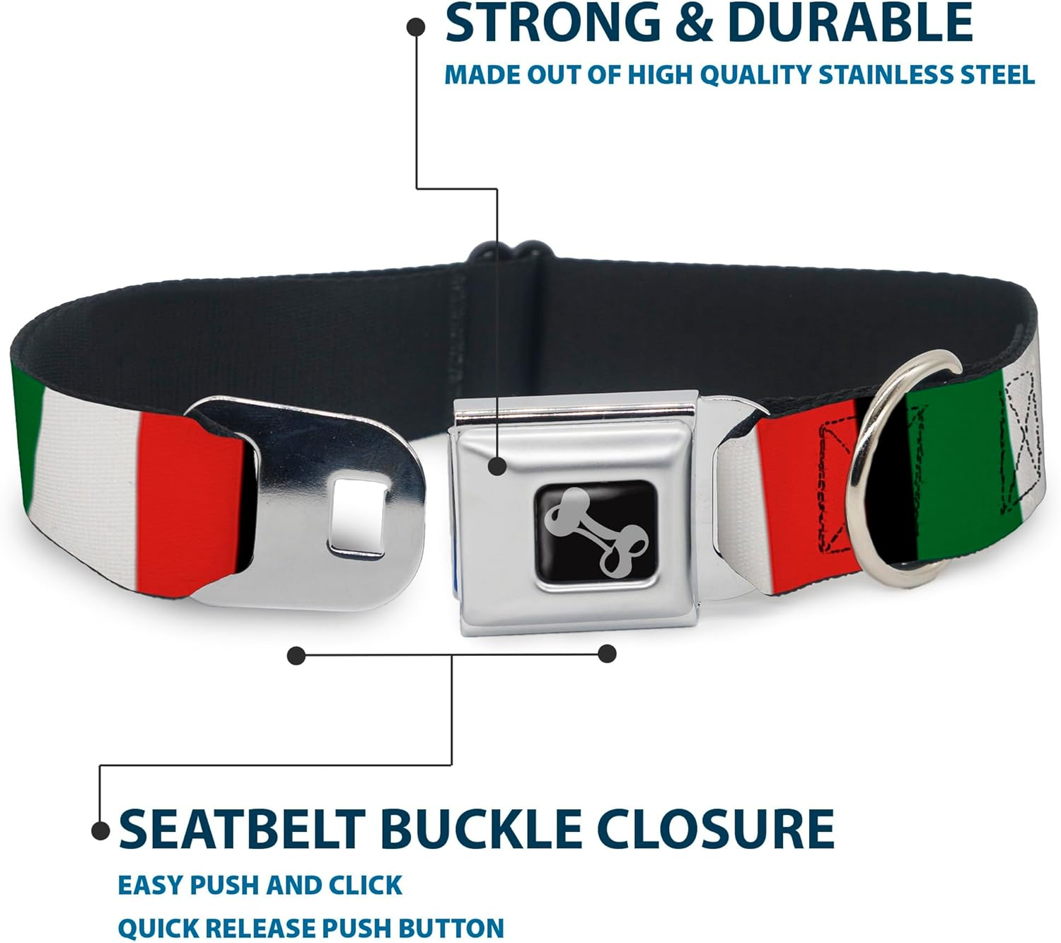 Dog Collar Seatbelt Buckle Italy Flags 11 to 17 Inches 1.0 Inch Wide image number 6