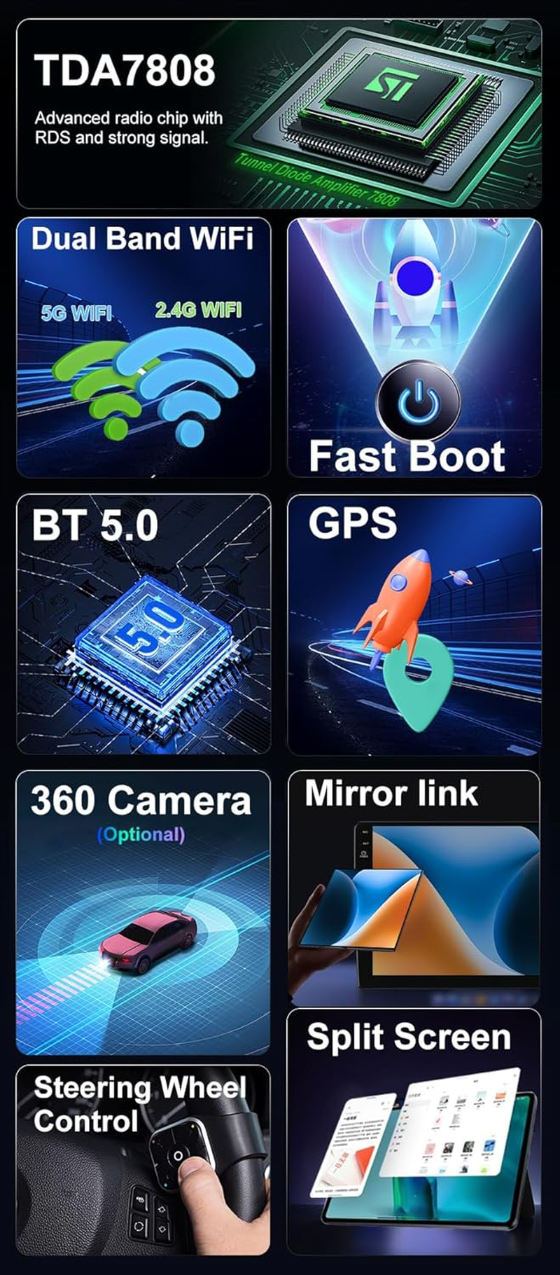 Bxliyer【Built-In 4G DAB】 Android 14-6G+128G Car Stereo for Hyundai I30 (2006-2011) - Wireless Carplay/Android Auto - Camera + MIC - IPS 9 Inch 2 Din - AHD Steering Wheel Fast-Boot 360-CAM HDMI DSP image number 6