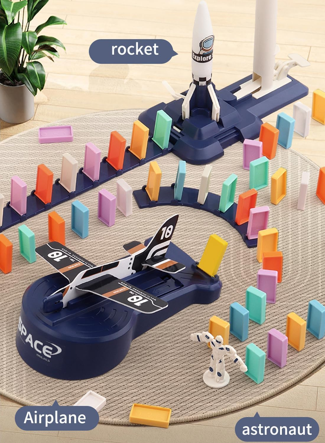 B-Qtech Domino Electric Train for Children with Sounds and Light 220Pcs, Space-Themed Astronaut Airplane Toys, Colorful Dominoes Set, Educational Play Toys for Kids Girls Boys image number 1