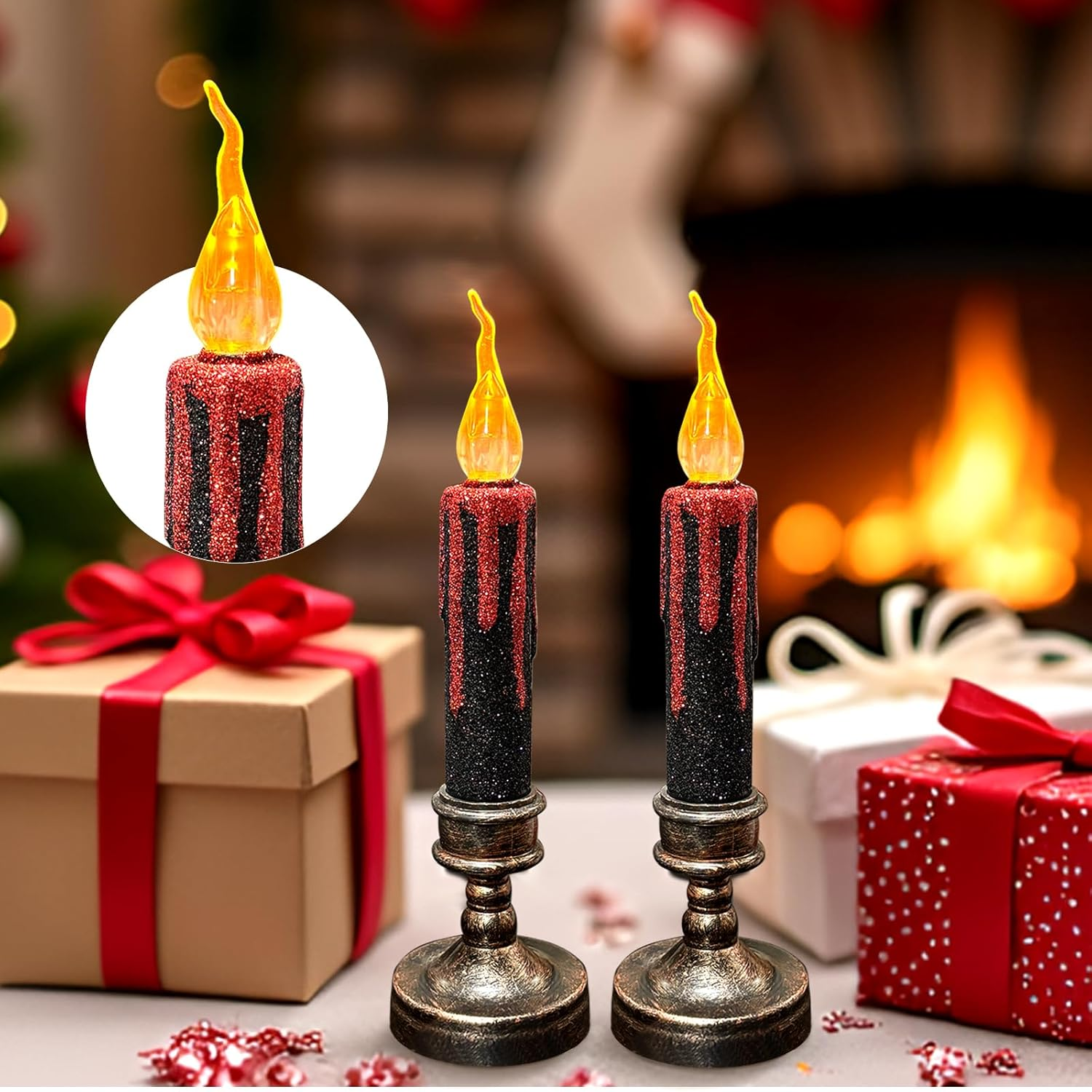 TINYOUTH 2 X 21 Cm Large LED Candles for Halloween, Christmas, Black Glitter Table Candles, Light Batteries Included for Wedding Party, Anniversary, Engagement Decoration