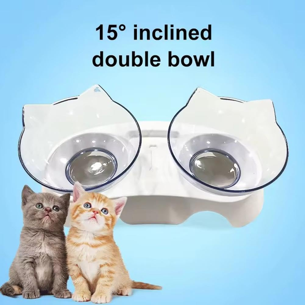 Double Elevated Cat Bowls with Raised Stand, Cat Bowls Elevated Cat Food Water Bowls Set 15&deg; Tilted Raised Cat Bowls for Cats Small Dogs Kitten Dishes Rabbits, anti Vomiting Reduce Neck Pain/1604