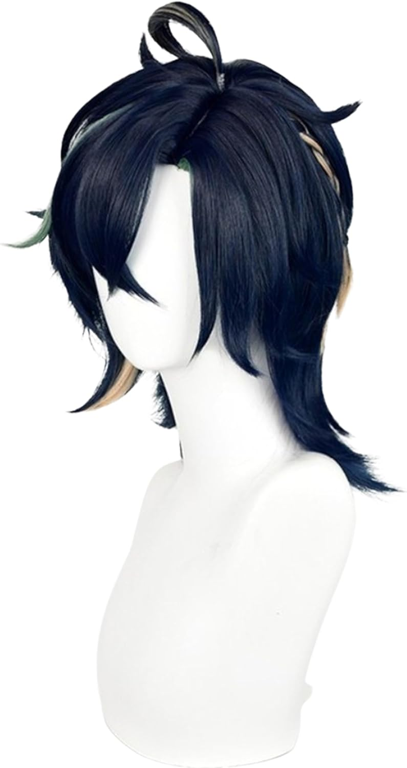 OSIAS Kinich Wig Short Dark Bule Mixed with Yellow and Green with Braids Synthetic Heat Resistant Hair