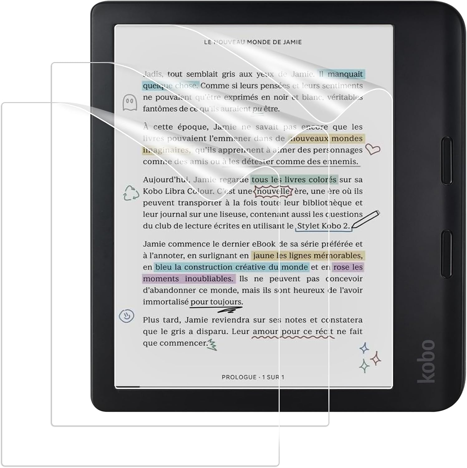 Caweet Screen Protector for Kobo Libra Colour 7 Inches 2024/Kobo Libra 2 E-Reader 7" 2021, Anti-Glare Premium PET Full-Coverage Matte Protective Film, 2 Pack