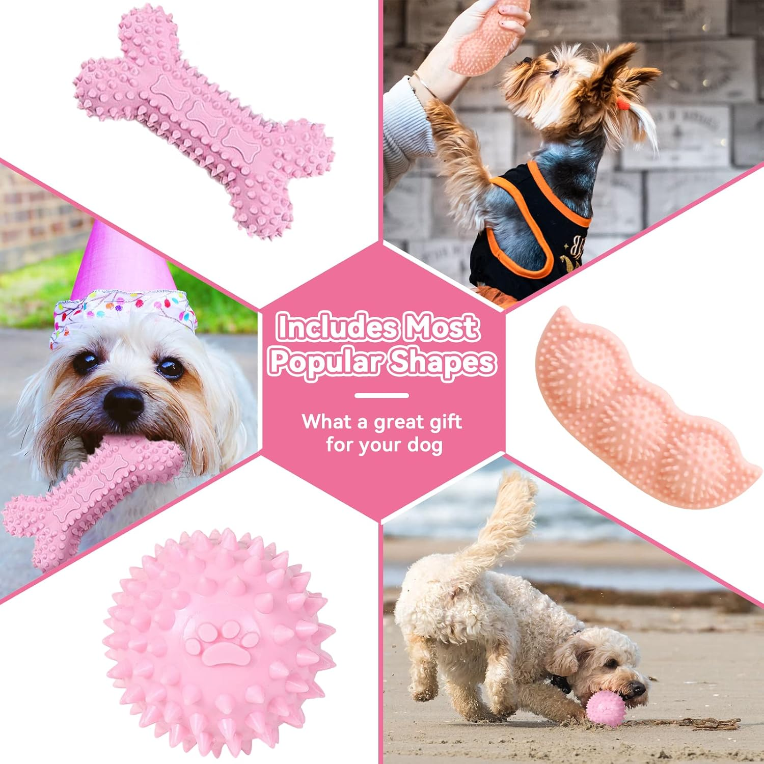 Petcare 6 Pack Puppy Chew Toys for Teething - Cute Pink Soft Rubber Rope Balls for Small Dogs, Yorkies - Fun Bones Clean Teeth image number 1