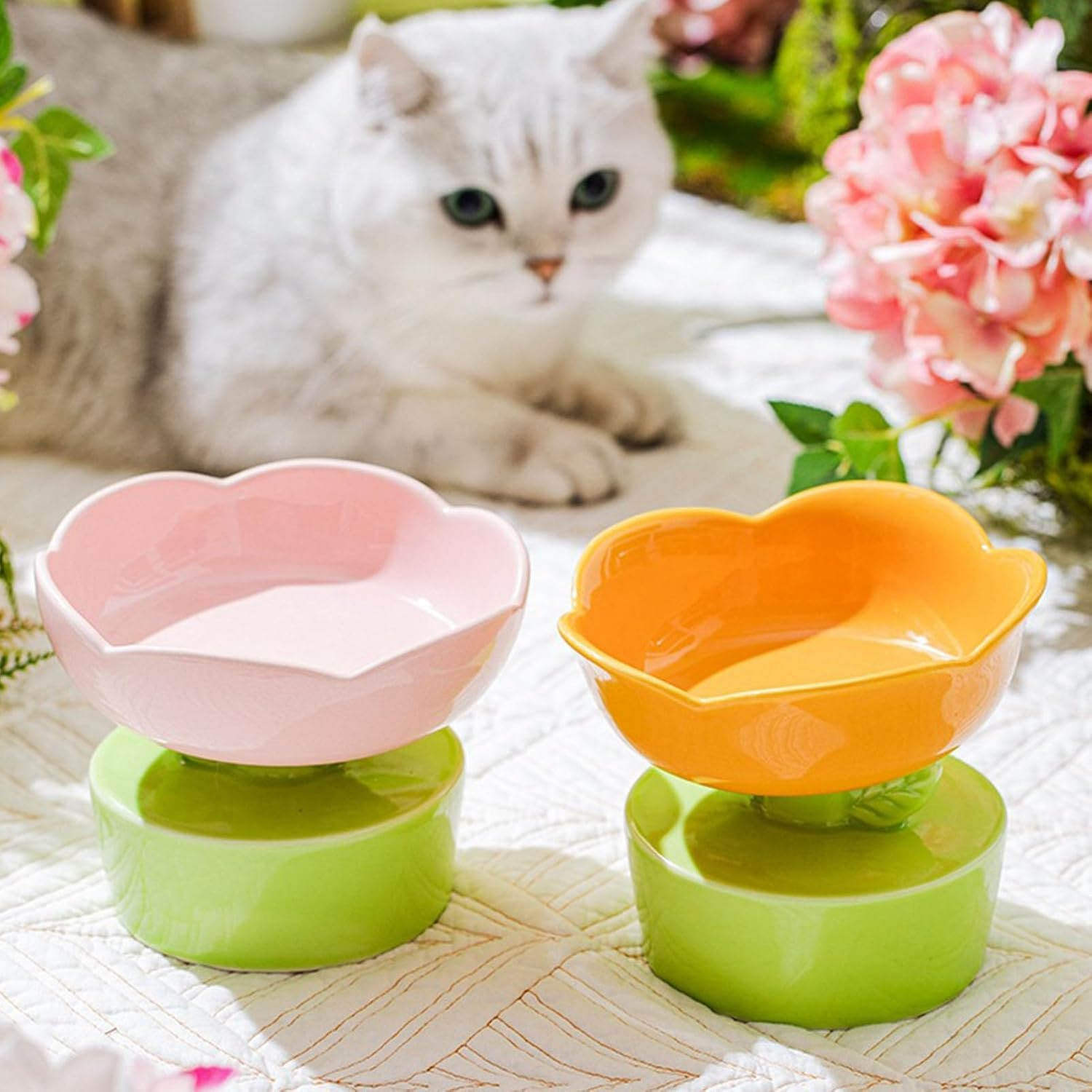 Ceramic Raised Cat Bowl Cute Flower Shape Neck Spine Protecting Raised Pet Food Bowl Pet Feeder Bowl for Cats anti Vomit Cat Bowls for Indoor Cats-Purple image number 1