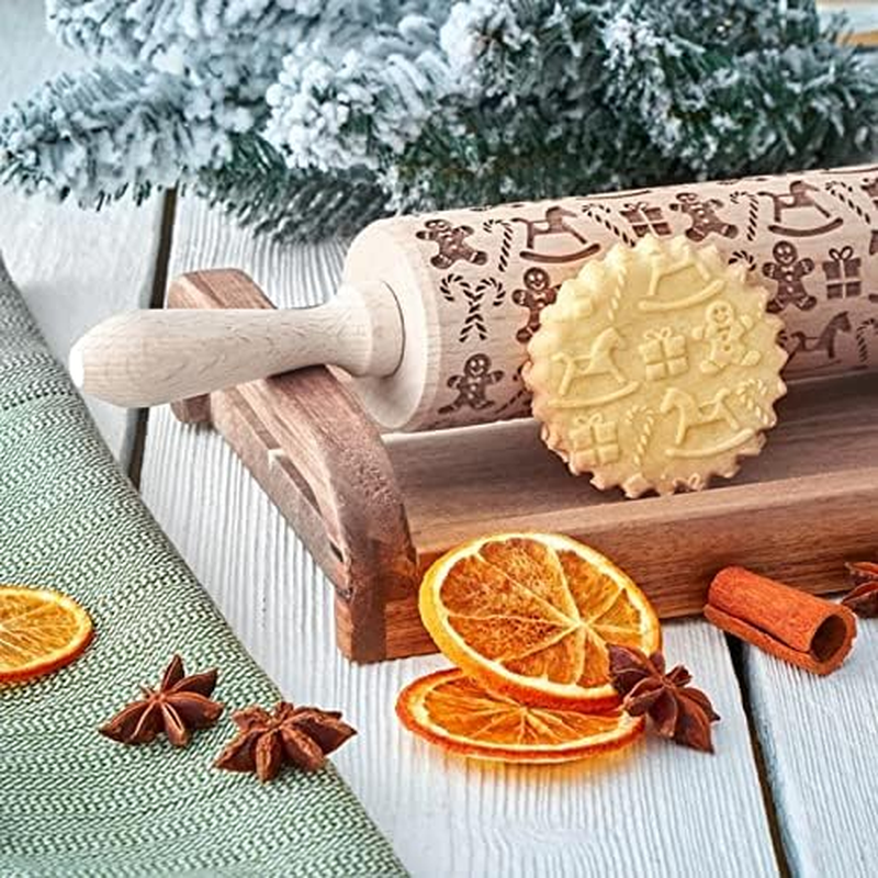 Christmas Wooden Rolling Pin for Baking Engraved Embossing Rolling Pin Cookie Stamps Roller Square Grid Cookies Mold Kitchen Decor Tools for Baking Embossed Cookies (Gingerbread Man) image number 4