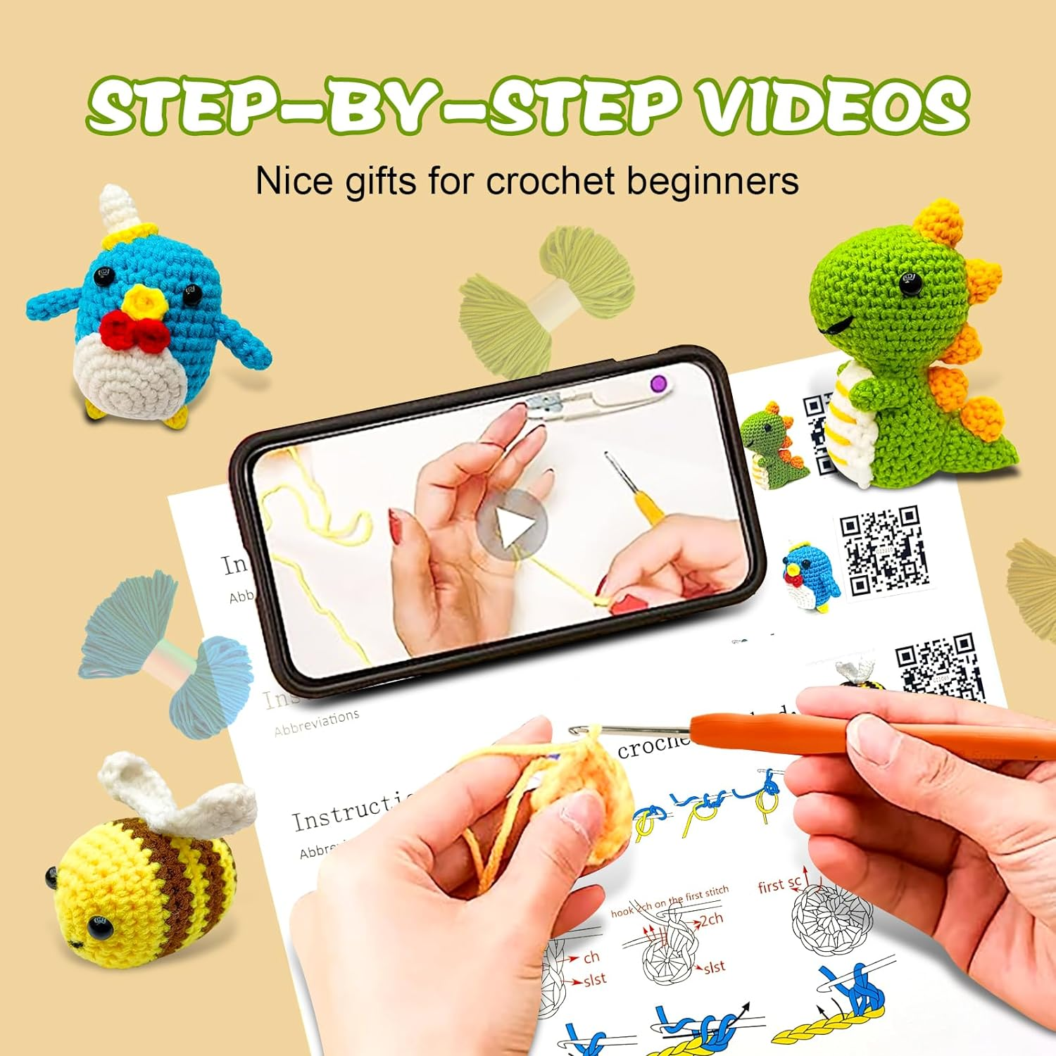 Crochet Kit for Beginners, Amigurumi Crocheting Animals Kits with Step-By-Step Video Tutorials- Penguin, Dinosaur or Bee, Knitting Starter Pack for Adults and Kids image number 2