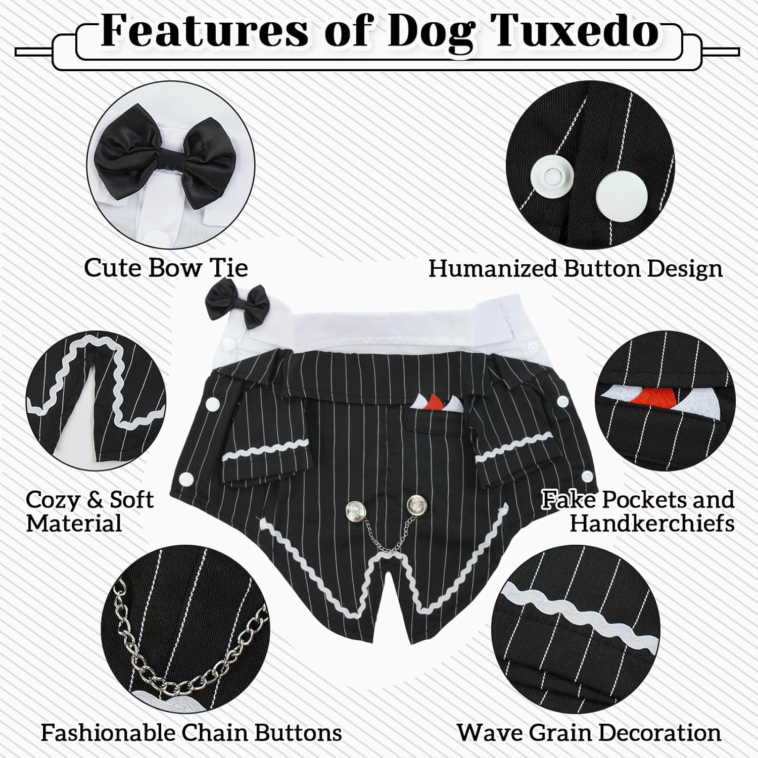 DENTRUN Dog Tuxedo Suit with Bow Tie - Formal Black & White Striped Pet Costume Shirt, Elegant Wedding Outfit Birthday Party Attire for Chihuahua Yorkie Shih Tzu Pomeranian Small Dogs, S image number 3