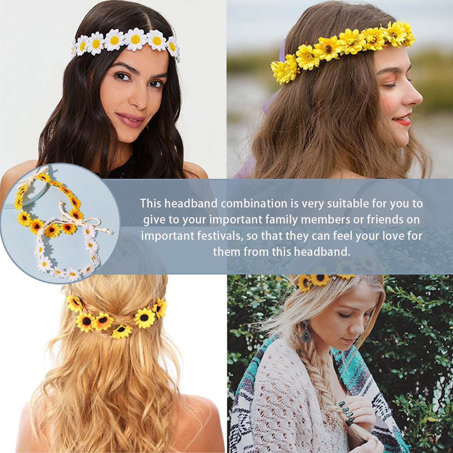 2 Daisy Hair Bands and 2 Glasses with Daisy Flowers, Fashion Garland Hair Band Floral Wreath Daisy Accessories for Women and Girls Elastic Fasteners Adjustable Travel image number 1