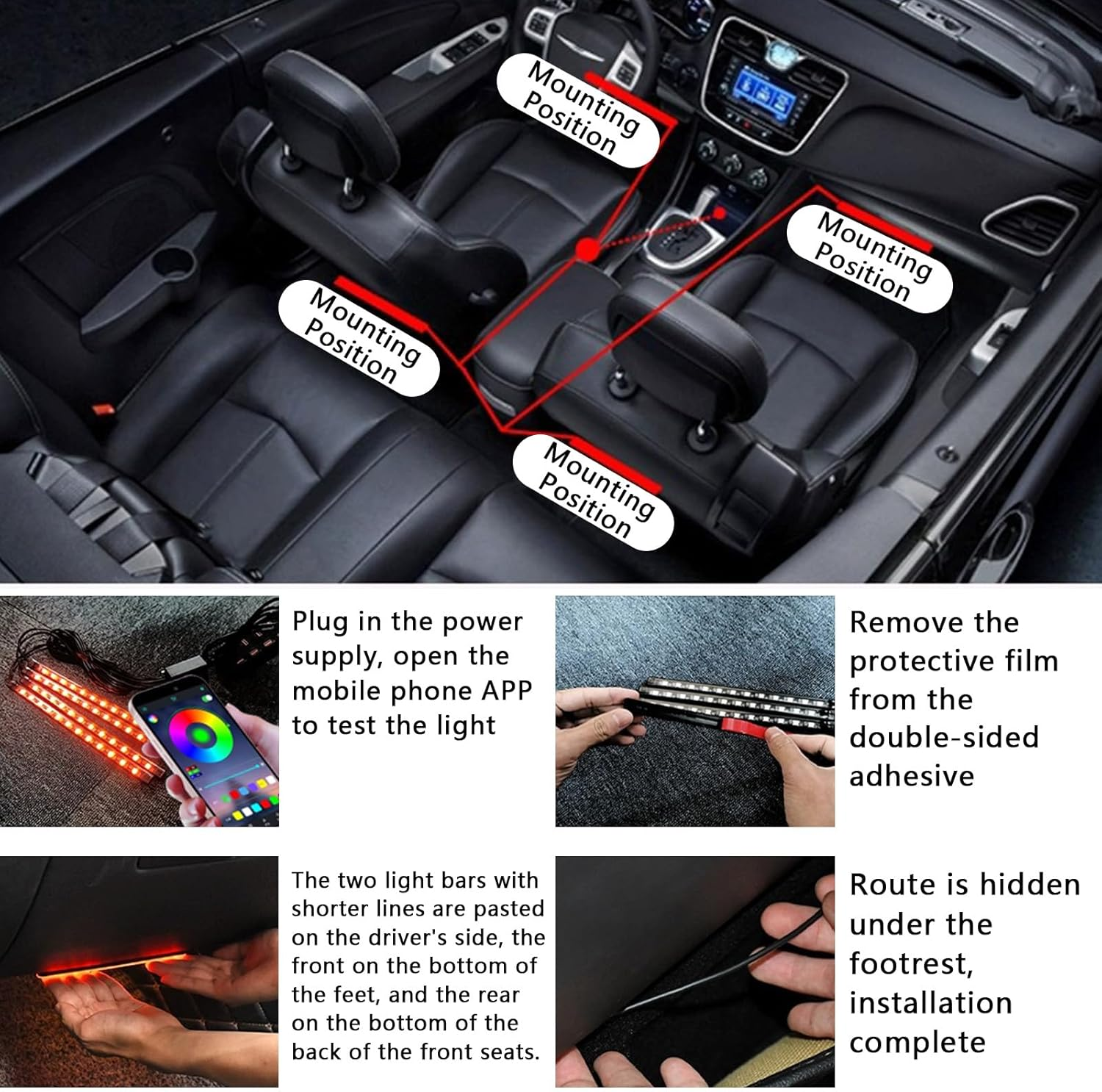 Car LED Lights Interior with Smart APP Control, 48 LED 12V Multicolor Music Car Interior Lights，With USB Port Light with Ambient Light，For Truck, SUV, Sedan image number 2