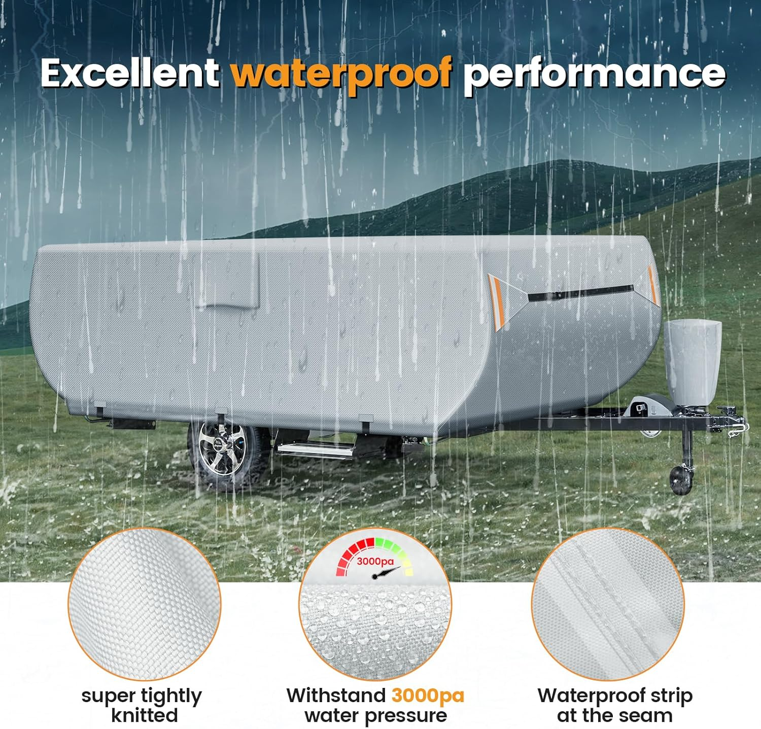 Pop up Folding Trailer Camper Cover Fits 10'-12', Upgraded Heavy Duty Protection Ripstop Waterproof Trailer Cover with 3 Bottom Straps, Anti-Uv Windproof All Season Protection for RV Motorhome image number 6
