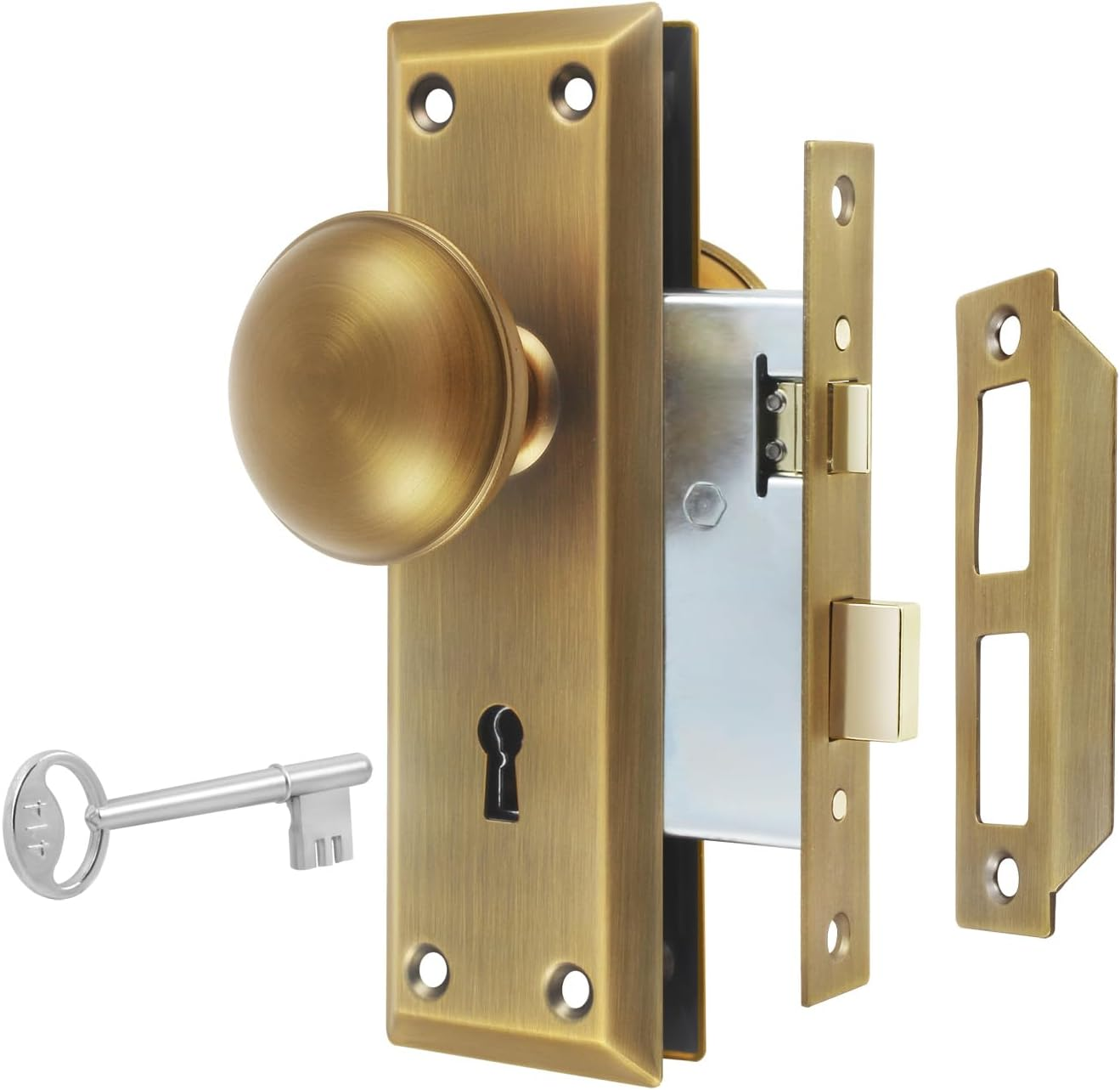 Newliplace Mortise Lock Set for Interior Door, Vintage Door Knob with Lock and Skeleton Key, Antique Door Knobs Brushed Nickel Finish