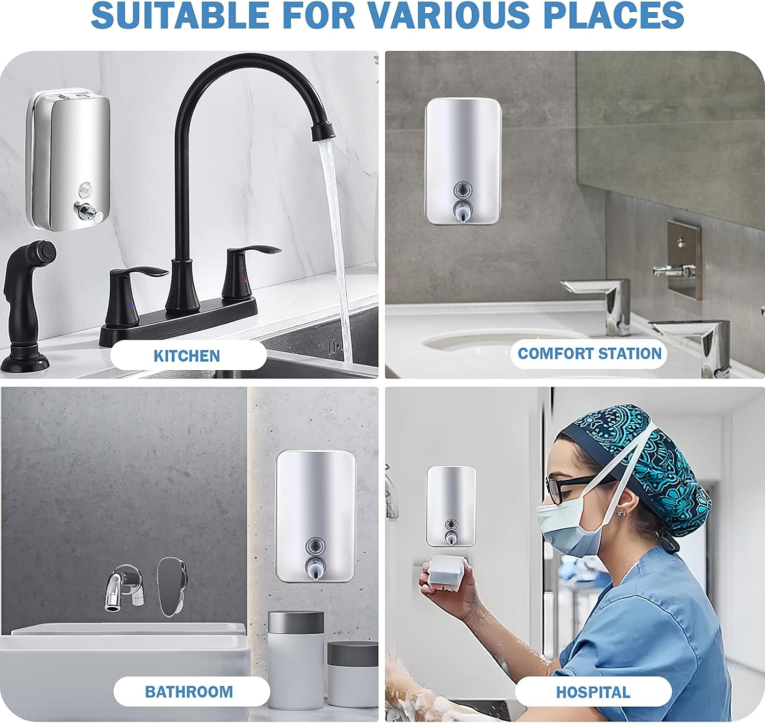 4Pcs Commercial Soap Dispenser Stainless Steel 1000Ml Wall Mount Manual Liquid Pump Rust Proof Leak Proof for Bathroom image number 2