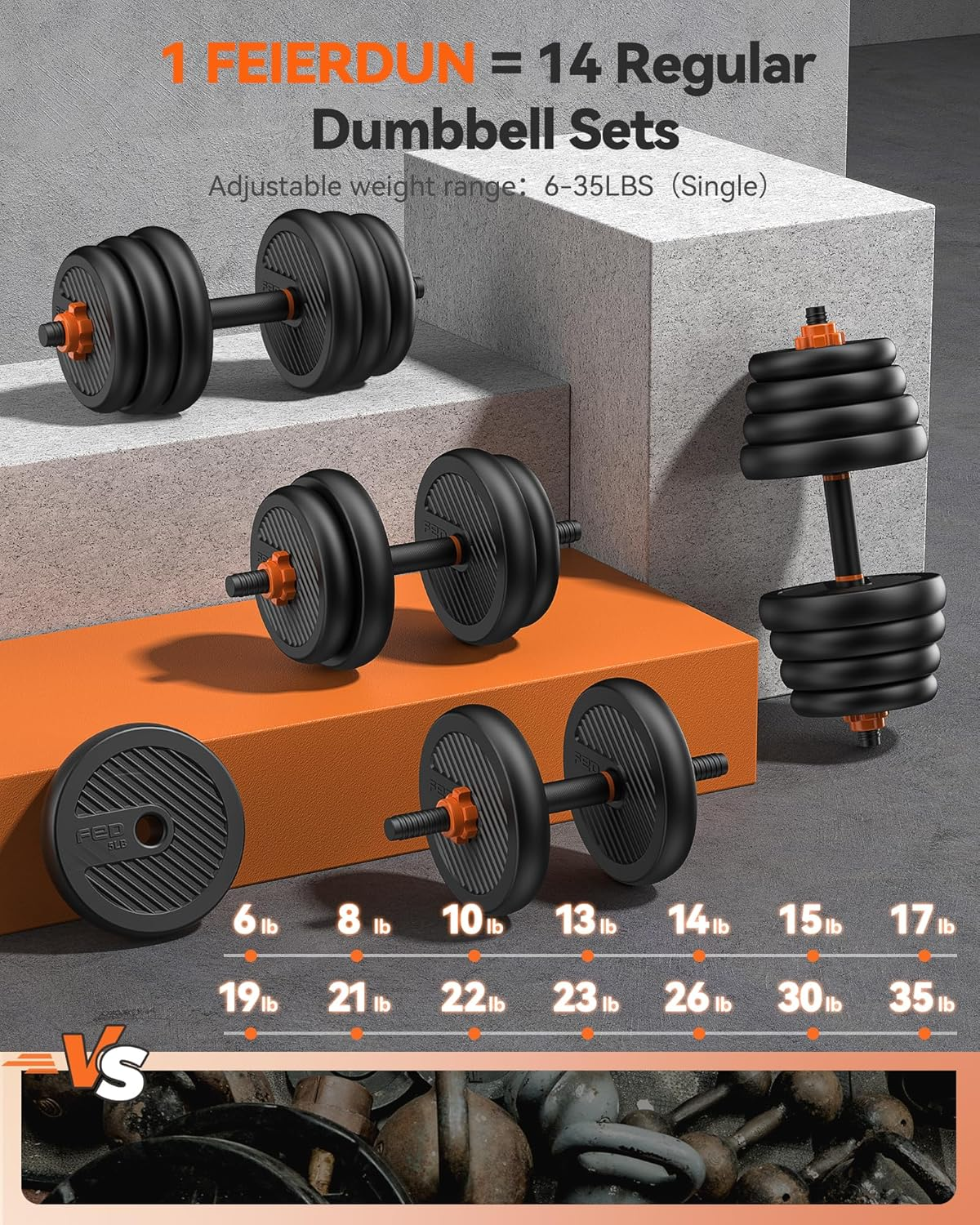 FEIERDUN Adjustable Dumbbells, 20/30/40/50/70Lbs Free Weight Set with Connector, 5 In1 Dumbbells Set Used as Barbell, Kettlebells, Push up Stand, Weight Plate, Fitness Exercises for Home Gym image number 4