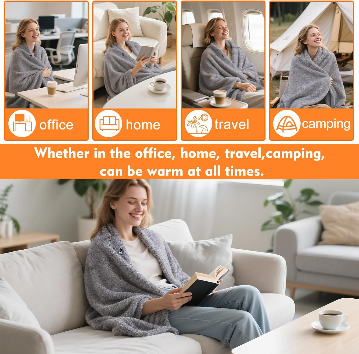 Portable USB Heated Blanket Shawl,2-In-1 Heated Blanket and Shawl,Thickened and Warm Enough Portable Electric Blanket 3 Heating Levels,Heats up to 55 Degrees, Auto-Off,For Home,Office,Camping, Travel