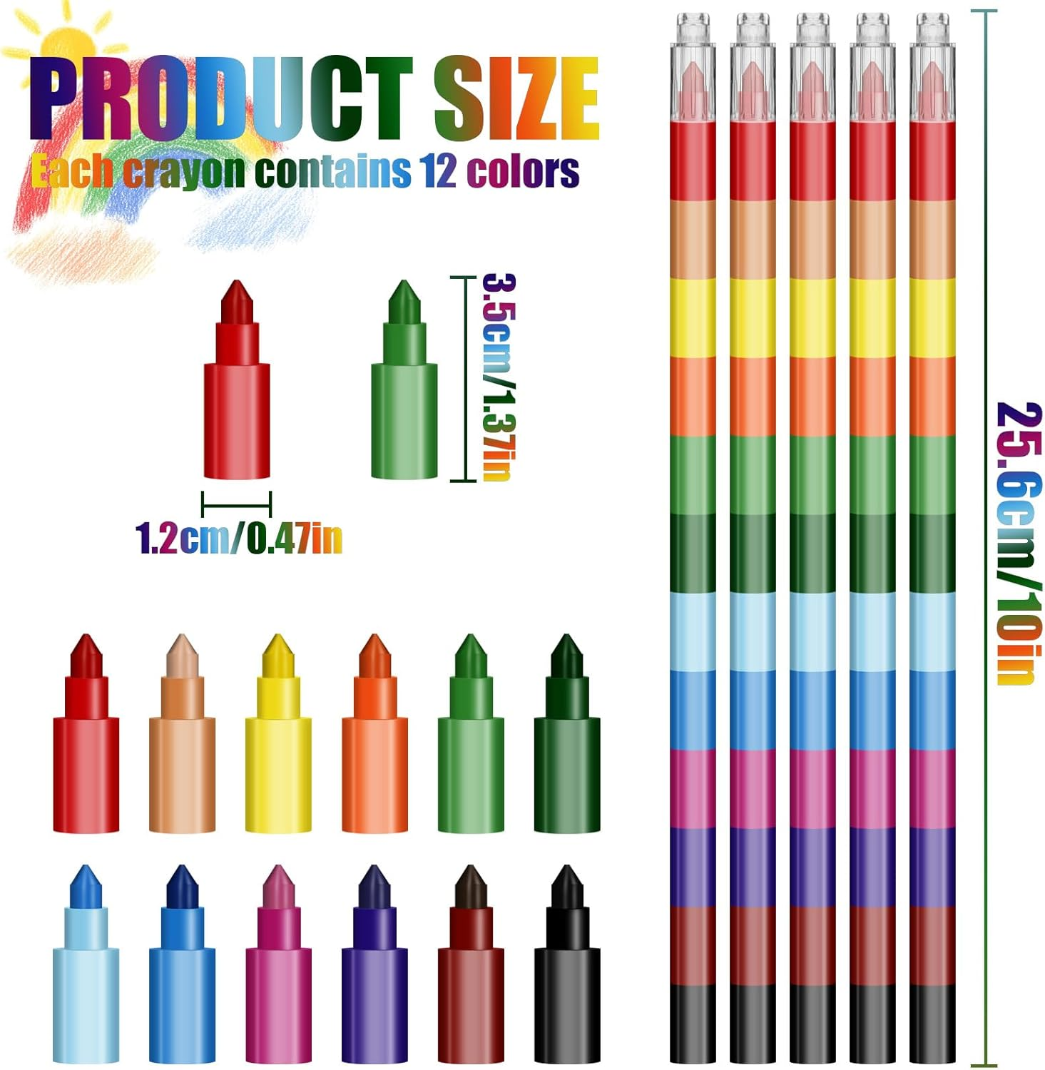 TEAONE Mini Crayon, 10 PCS Stacking Crayons for Party Favors, School Supplies (12 Colors) image number 1