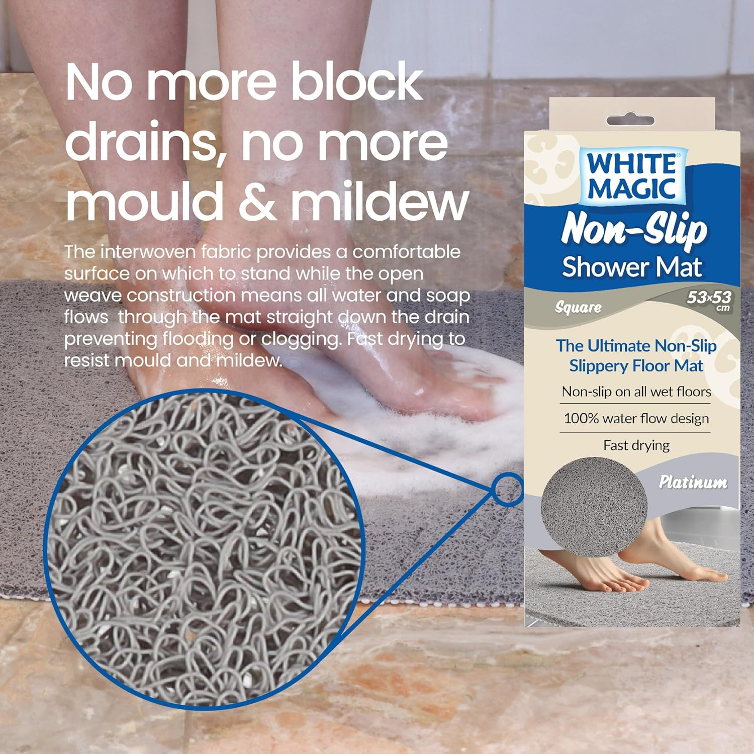 White Magic Non-Slip Shower Mat Square, 53X53 Cm, Anti-Slip, Fast Drying, 100% Water Flow, Durable & Machine Washable &ndash; Ideal for Small Showers, Bathtubs, Bathrooms, and Boats (Platnium) image number 3