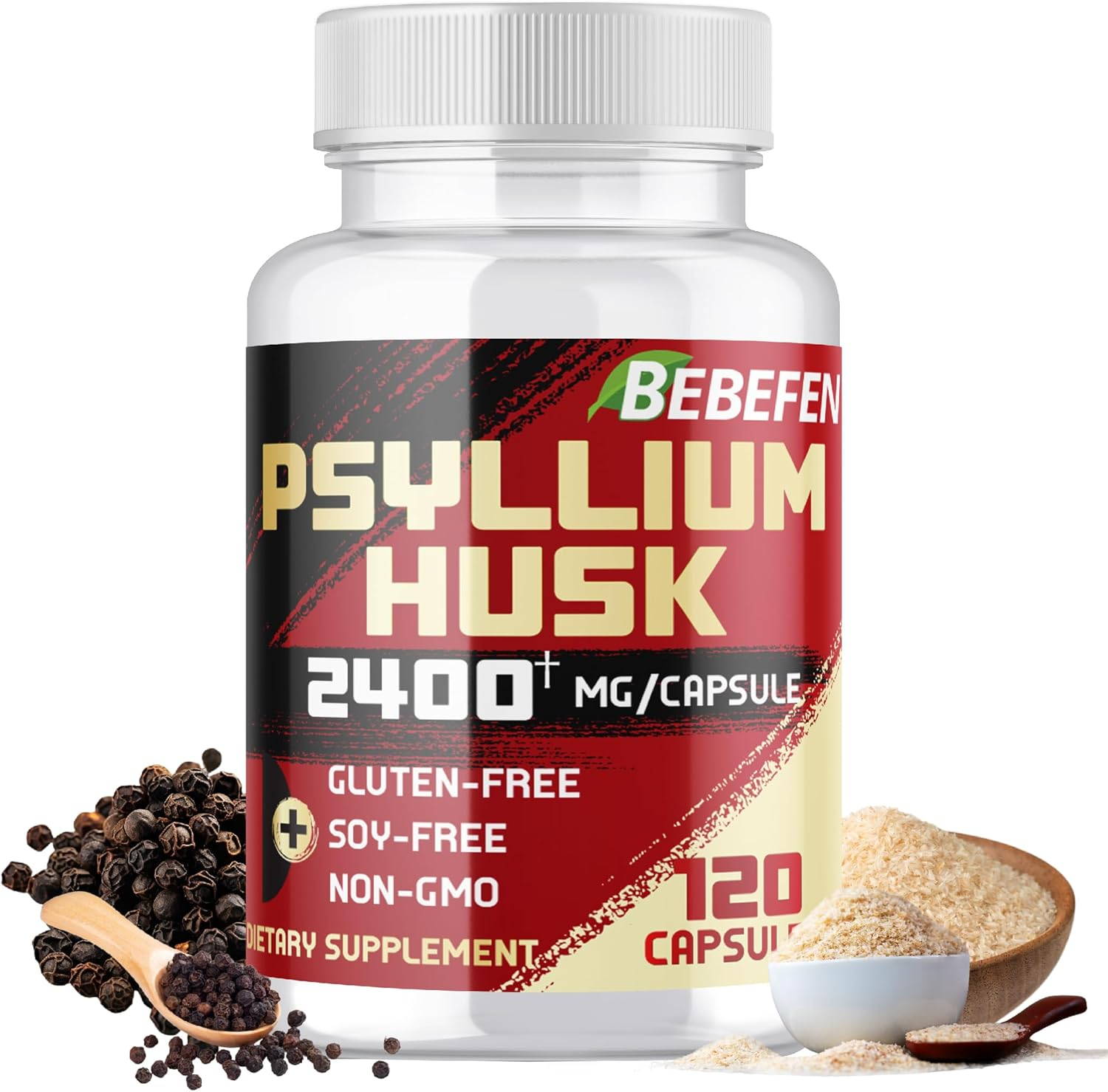 BEBEFEN Psyllium Husk Capsules 2400Mg with Black Pepper - 4 Month Supply - Non-Gmo and Gluten-Free Formula - 120 Capsules