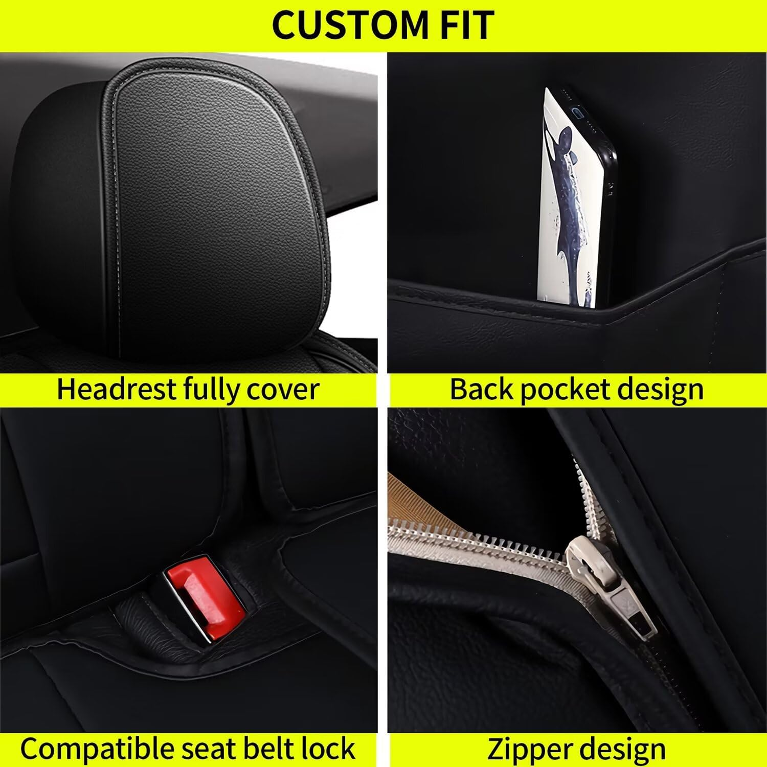 IKABEVEM Car Seat Covers Fit for Honda Civic 2003-2015 & 2020-2025: Full Set Waterproof Faux Leather Automotive Seat Covers Car Seat Protector(5 Seats, Black) image number 6