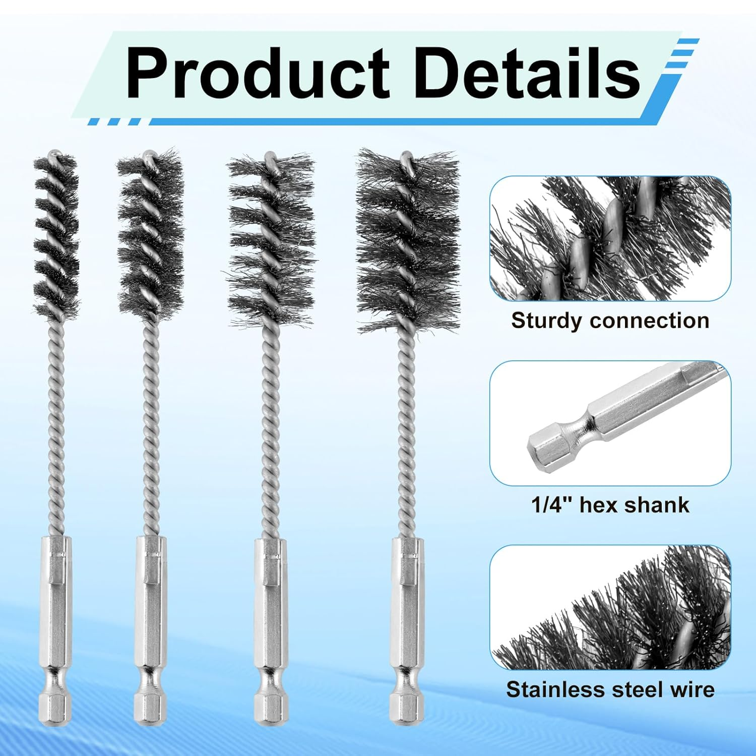 4Pcs Wire Brush, Stainless Steel Twisted Bore Brush with 1/4" Hex Shank for Power Drill Impact Driver & Tube Cleaning, 3/8'' 1/2'' 3/4'' 7/8'' Diameter image number 4