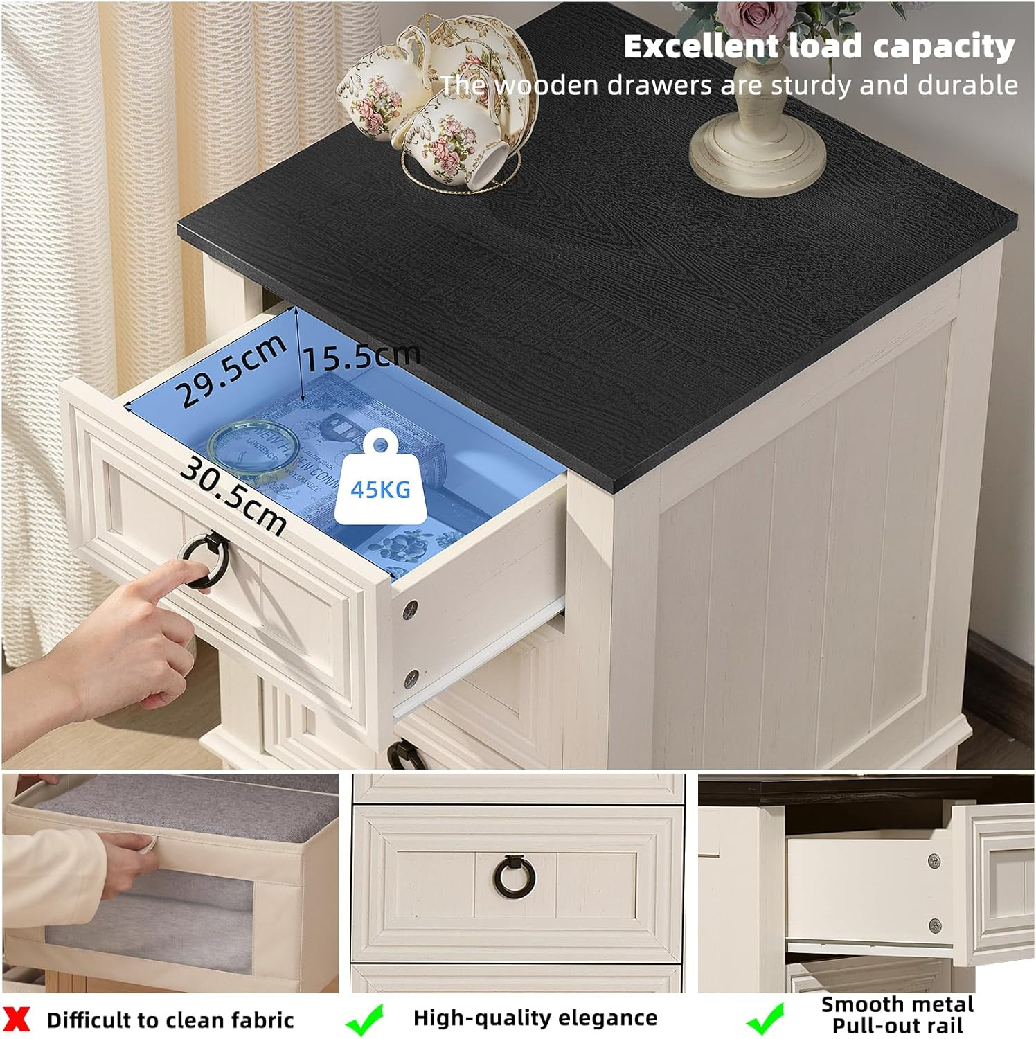 LELELINKY 18" Farmhouse Night Stand with 3 Drawers, Wood End Table Dresser for Bedroom, White Nightstand, Bed Side Table with Metal Handle, Bedside Cabinet for Bedroom Living Room, Closet, Office image number 2