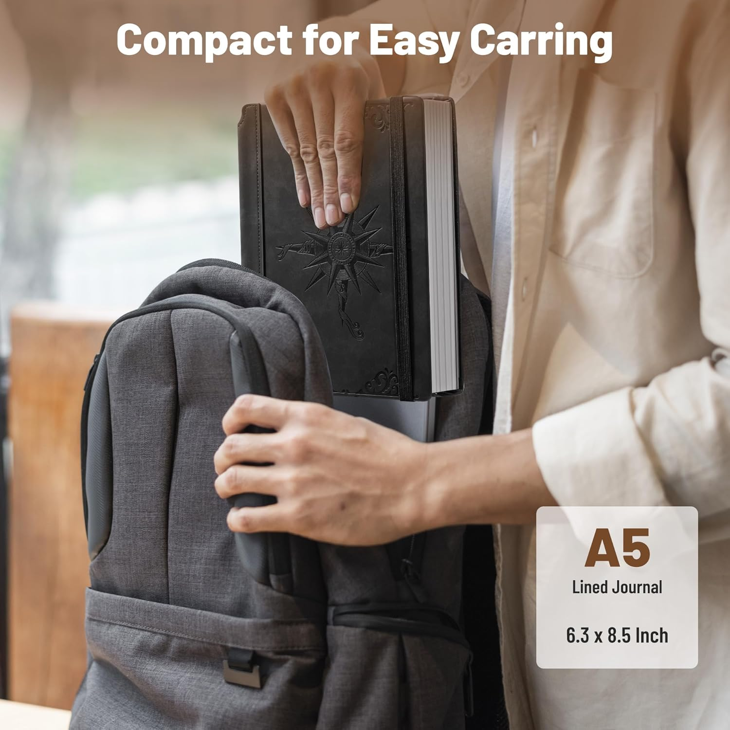 CAGIE Compass Leather Notebook Journal for Men, 100 GSM 288 Pages Lined Journals for Writing, A5 Hardcover Journaling Notebooks Gift Set with Pen for Travel Office Daily Writing - Black