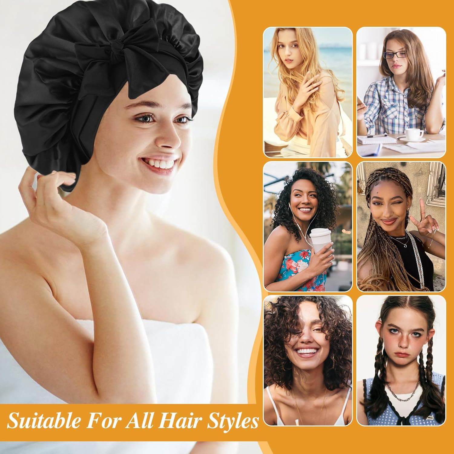 Bonnet Sleep Cap for the Night, Sleep Cap Hair with 3 Hair Elastics, Silk Sleep Cap with Elastic Band, Silk Hood for Sleeping Long Hair, Sleep Cap Silk Bonnet for Night Everyday (Black)