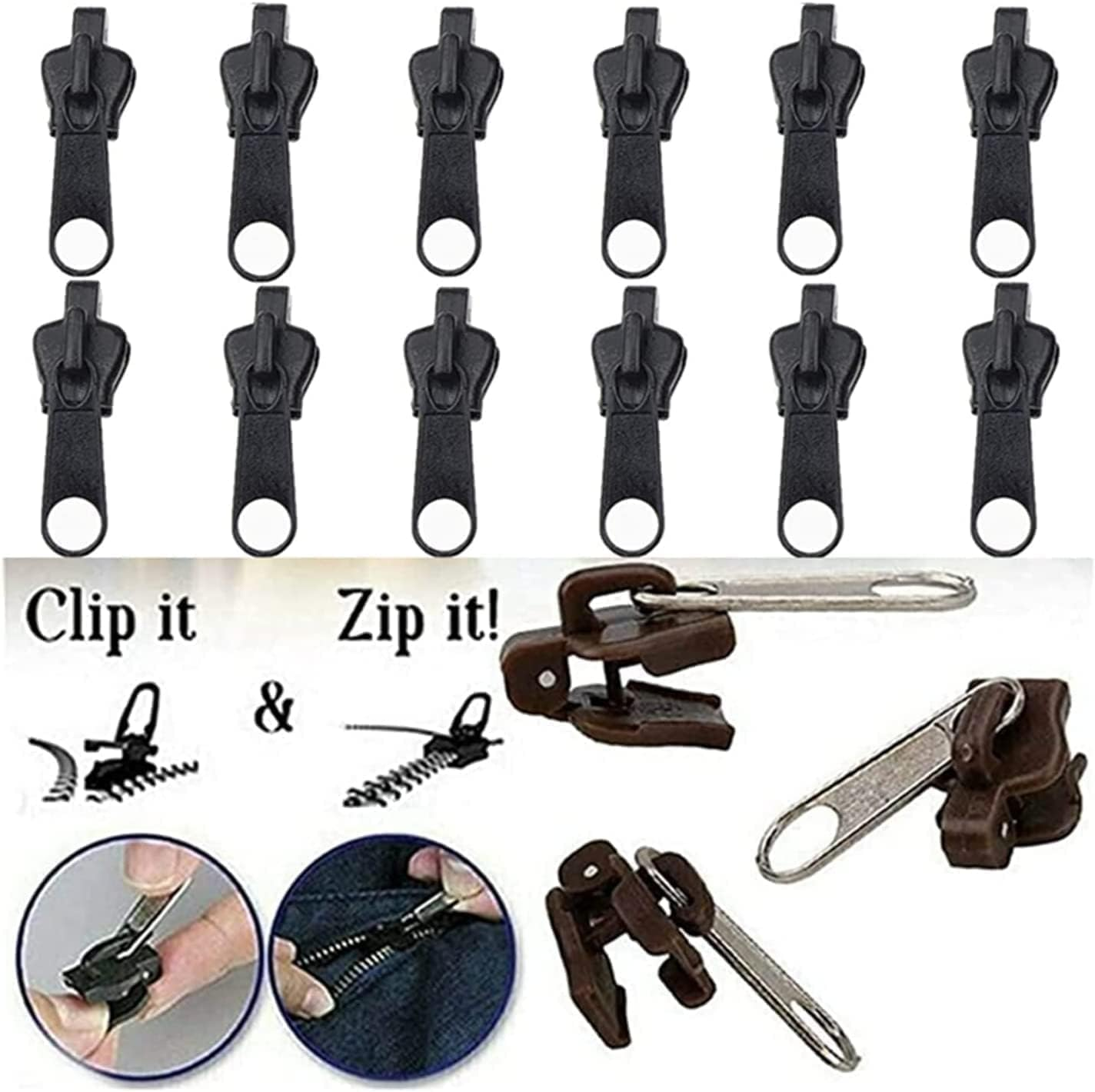 12Pcs Black Fix Zip Puller,Zip Slider Repair Instant Kit,Fix Zipper Removable Rescue Replacement Pack,Instant Zipper Set for Coats Jacket,Luggage,Backpacks Zippers Undergarment Sewing