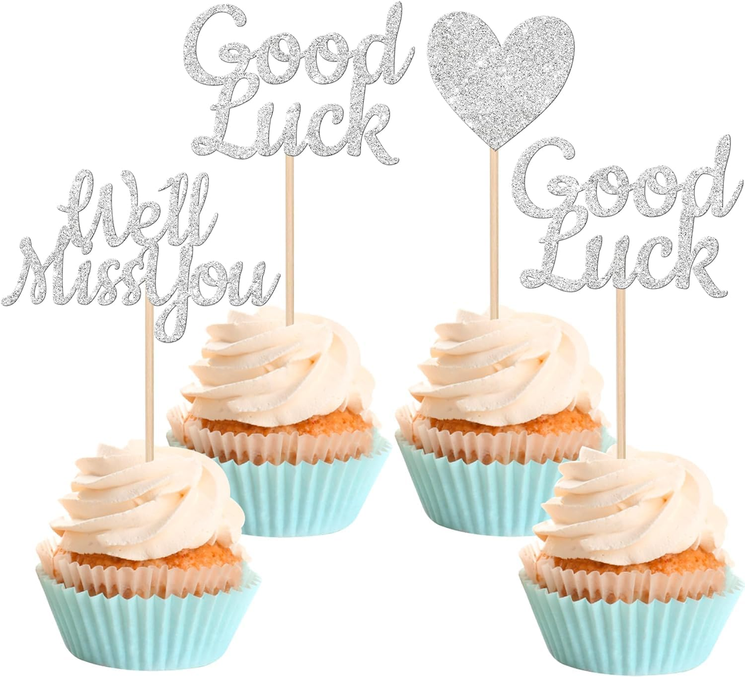24 Pack We Will Miss You Cupcake Toppers Glitter Red Love Heart Good Luck Cupcake Picks Retirement Theme Going Away Party Cake Decorations (Silver) image number 4