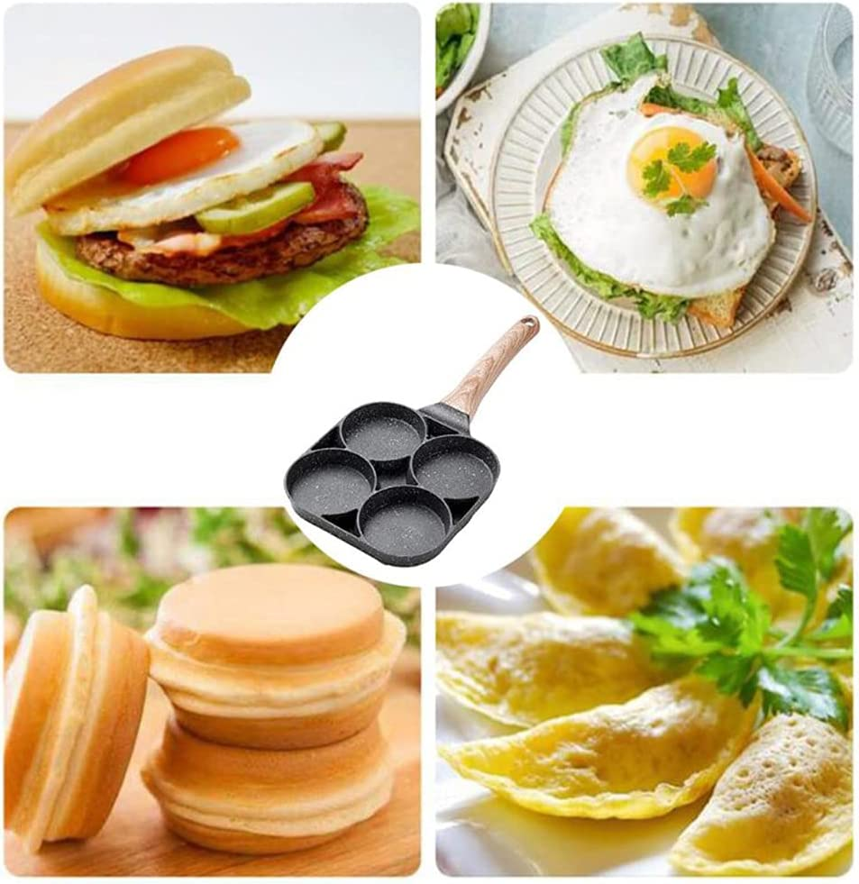 New 4 Hole Frying Pan Omelet Pan for Burger Eggs Ham Pancake Maker Wooden Handle Frying Pot Non-Stick Breakfast for Gas or Induction Stoves image number 1