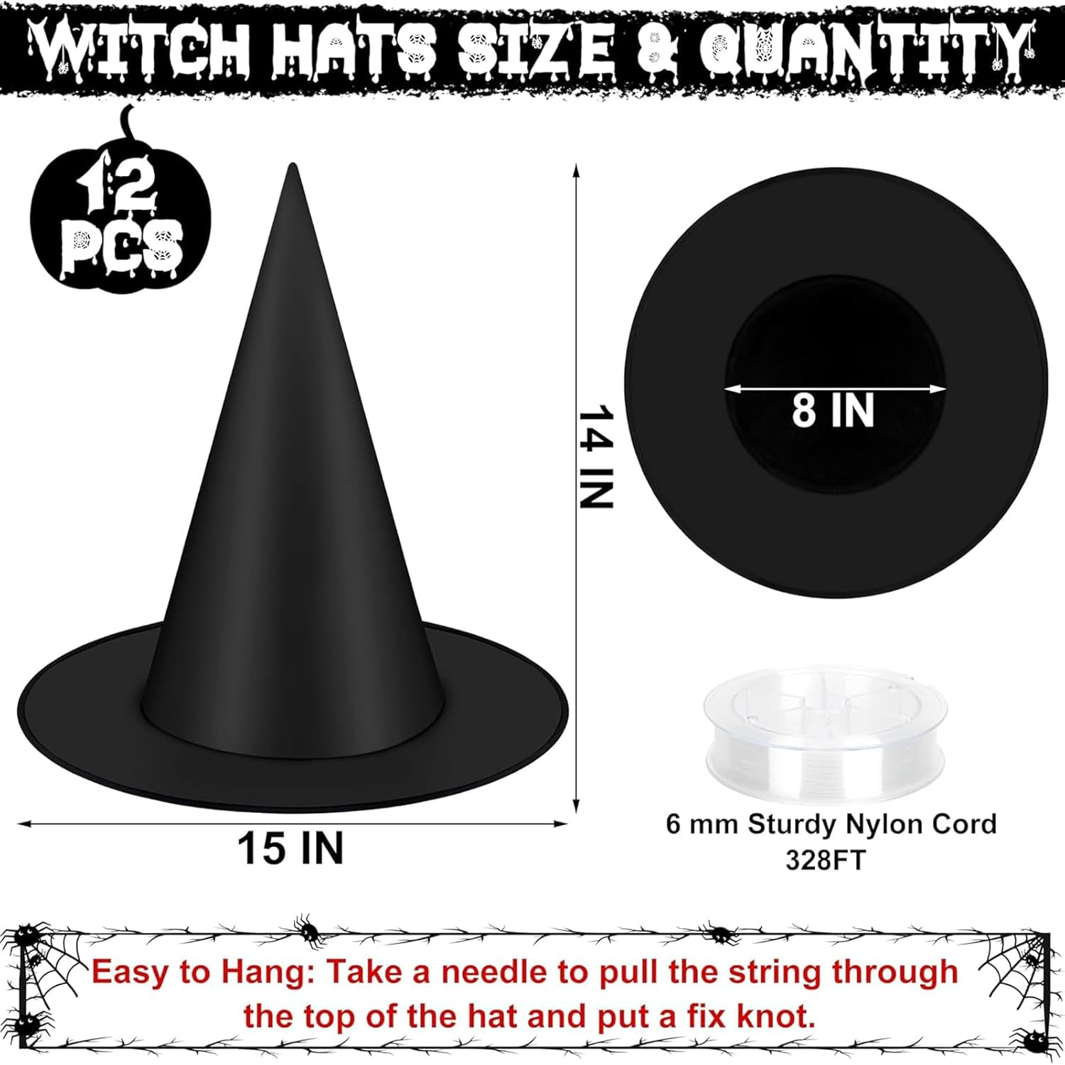 Weidllys 12 PCS Halloween Witch Hats, Black Hanging Witch Hat, Witch Costume Accessories Witches Hat with 328 FT Nylon Cord Wizard Hats Indoor Outdoor Halloween Decorations for Home Yard Porch Ceiling image number 3