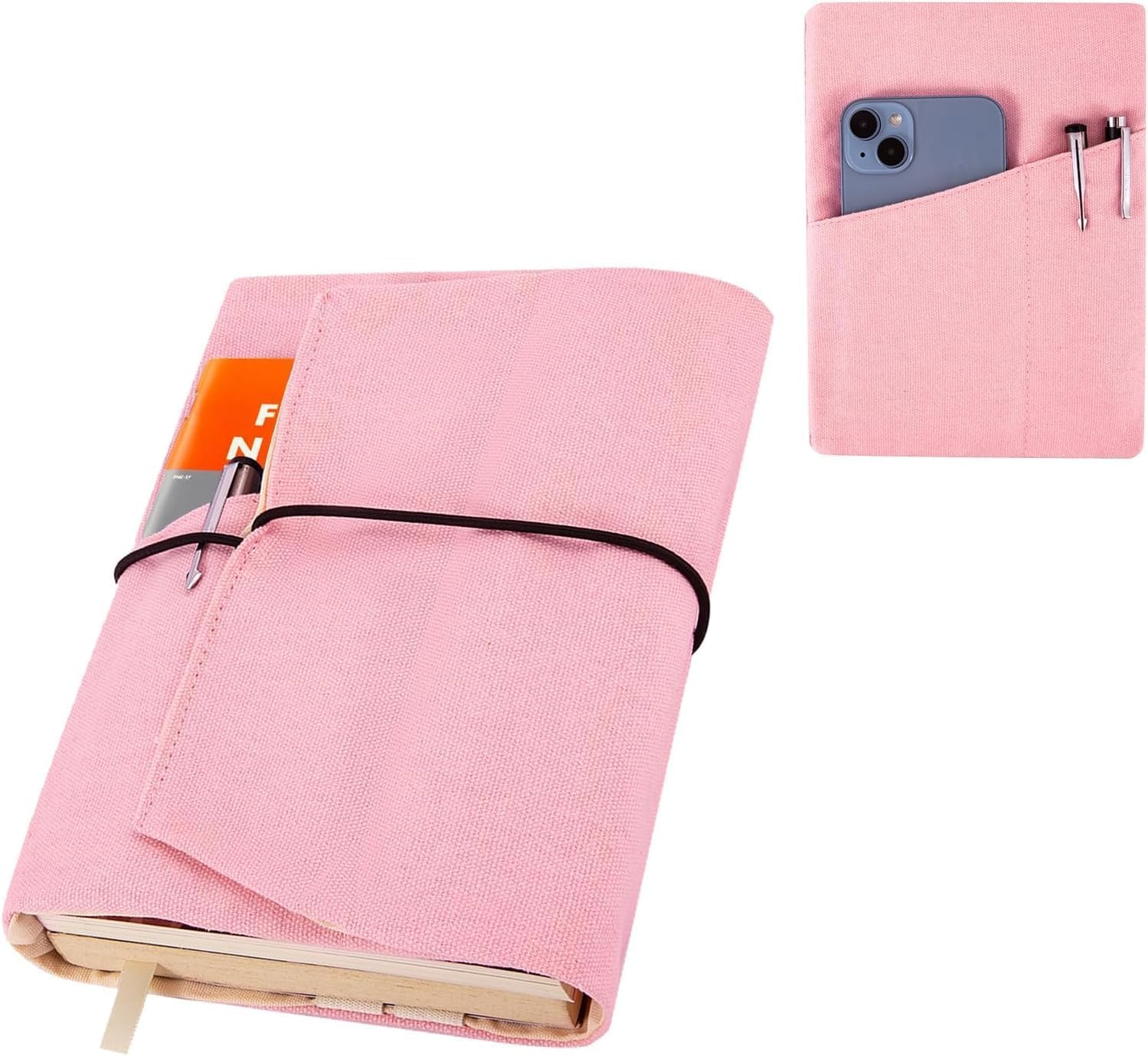 Canvas Book Cover Sleeve, Adjustable Washable Book Protector, for Hardcover/Paperbacks with Pockets for Pen, Elastic Cord Binding, Soft Book Covers, Bookish Gifts for Book Lovers (Black)