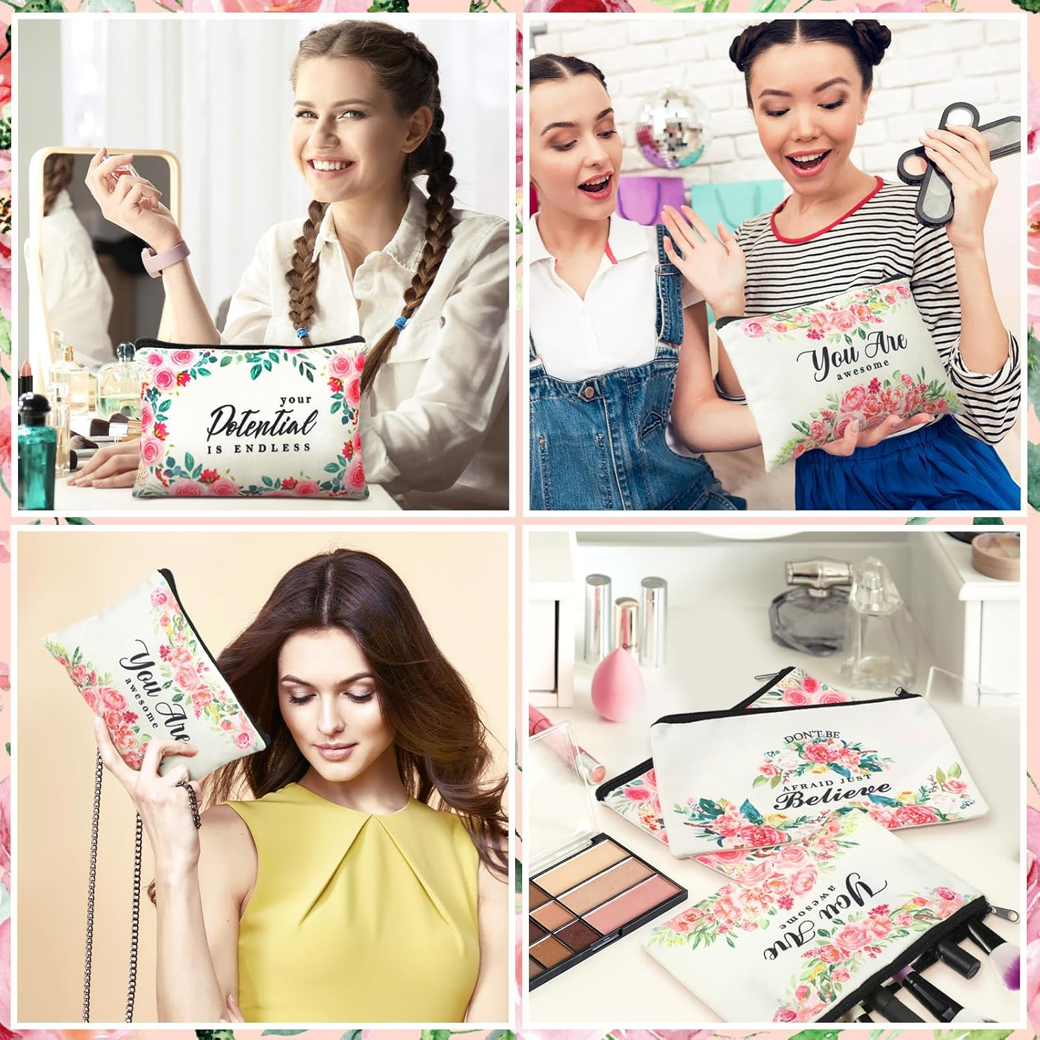 Pinkunn 16 Pcs Valentines Canvas Makeup Bags Bulk Inspirational Christian Women Religious Galentine Gifts Inspirational Bible Verse Pencil Pouch Makeup Bags with Zipper for Travel, as Shown in Picture image number 2