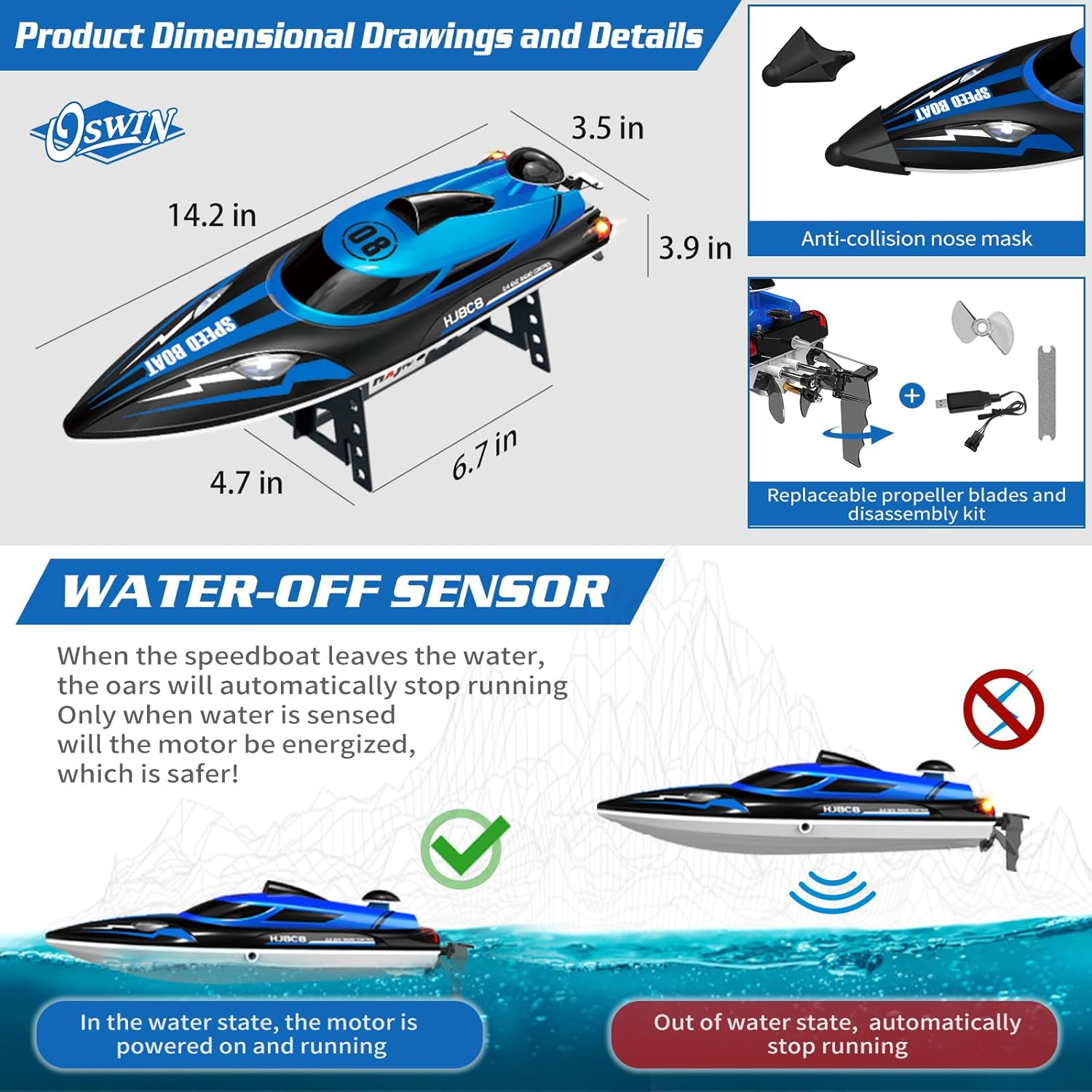 OSWIN RC Boat - HJ808 with 2 Rechargeable Battery, 20+ MPH Fast Remote Control Boat for Pool & Lake, RC Speed Boat 2.4Ghz Race Boats for Adults & Kid, Outdoor Water Toys(Blue) image number 2