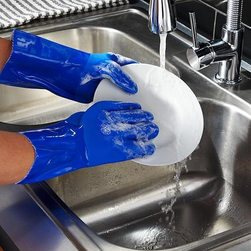 Rubber Gloves-2 Pairs Reusable Waterproof Household Cleaning Dishwashing Non-Slip Kitchen Gloves for Wash Dishes, Cotton Lined (Blue and Orange) image number 5