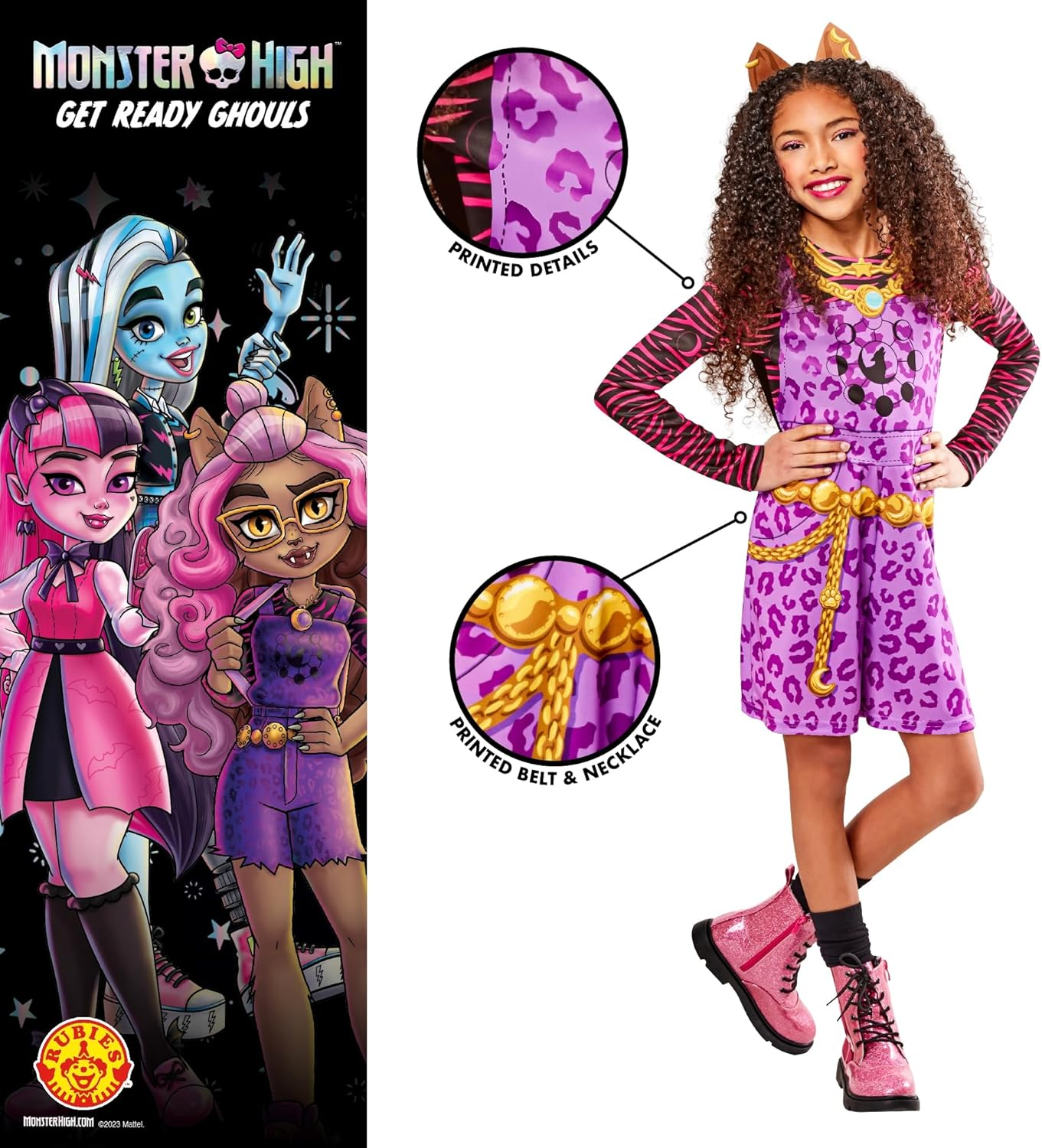 Rubies Clawdeen Classic Costume for Girls, Dress and Headband, Official Monster High Costume for Carnival, Christmas, Birthday, Party and Halloween image number 2