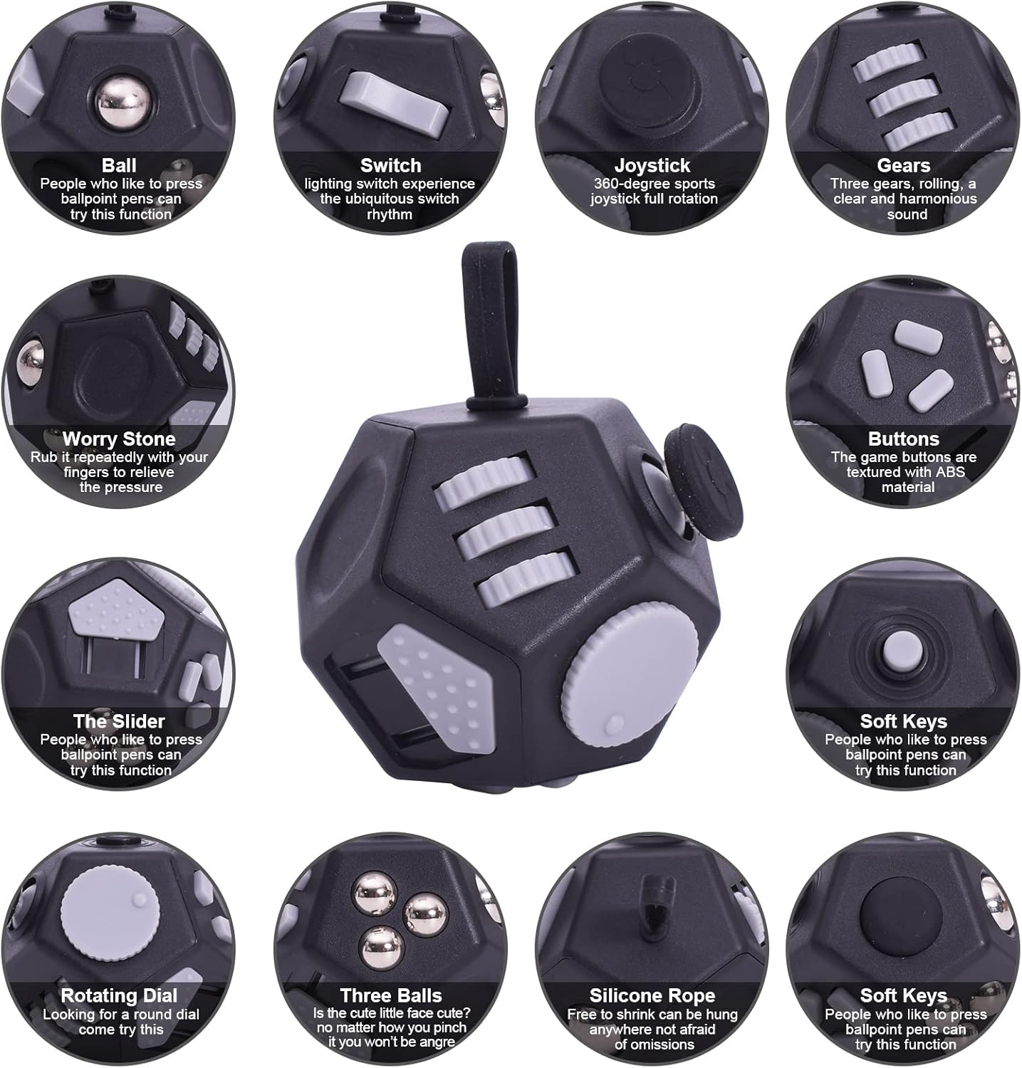 UOOEFUN Mini Fidget Sensory Toys,12 Sided Fidget Cube Relief Stress and Anxiety Depression anti for Kids and Adults with ADD, ADHD, OCD, Autism (Black) - Purple image number 4