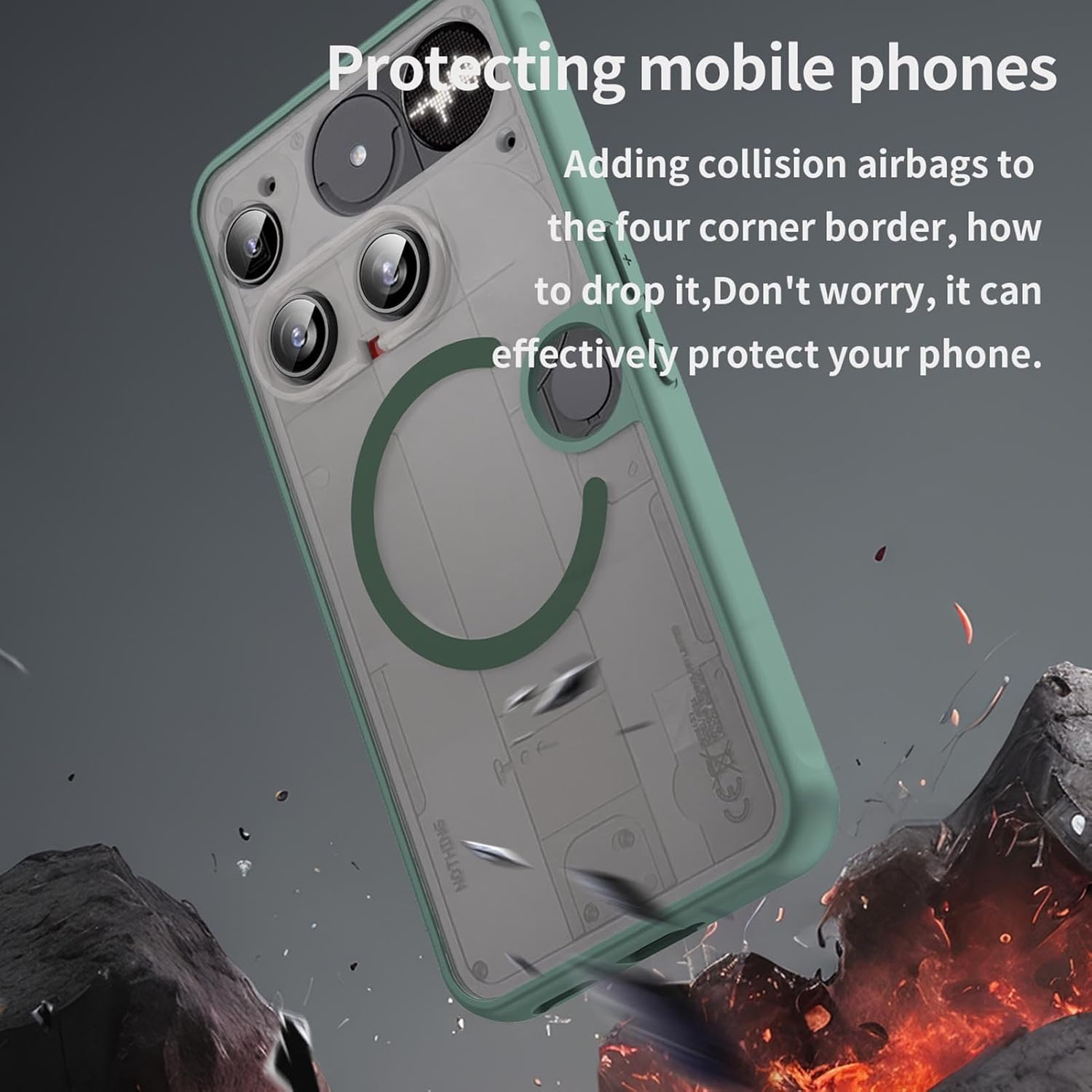 ILING Case for Nothing Phone (3), Compatible with Magnetic Charging, Ultra-Thin Translucent Matte Frosted Silky Touch Hard PC Silicone TPU Bumper Shockproof Cover (Green) - Black image number 4