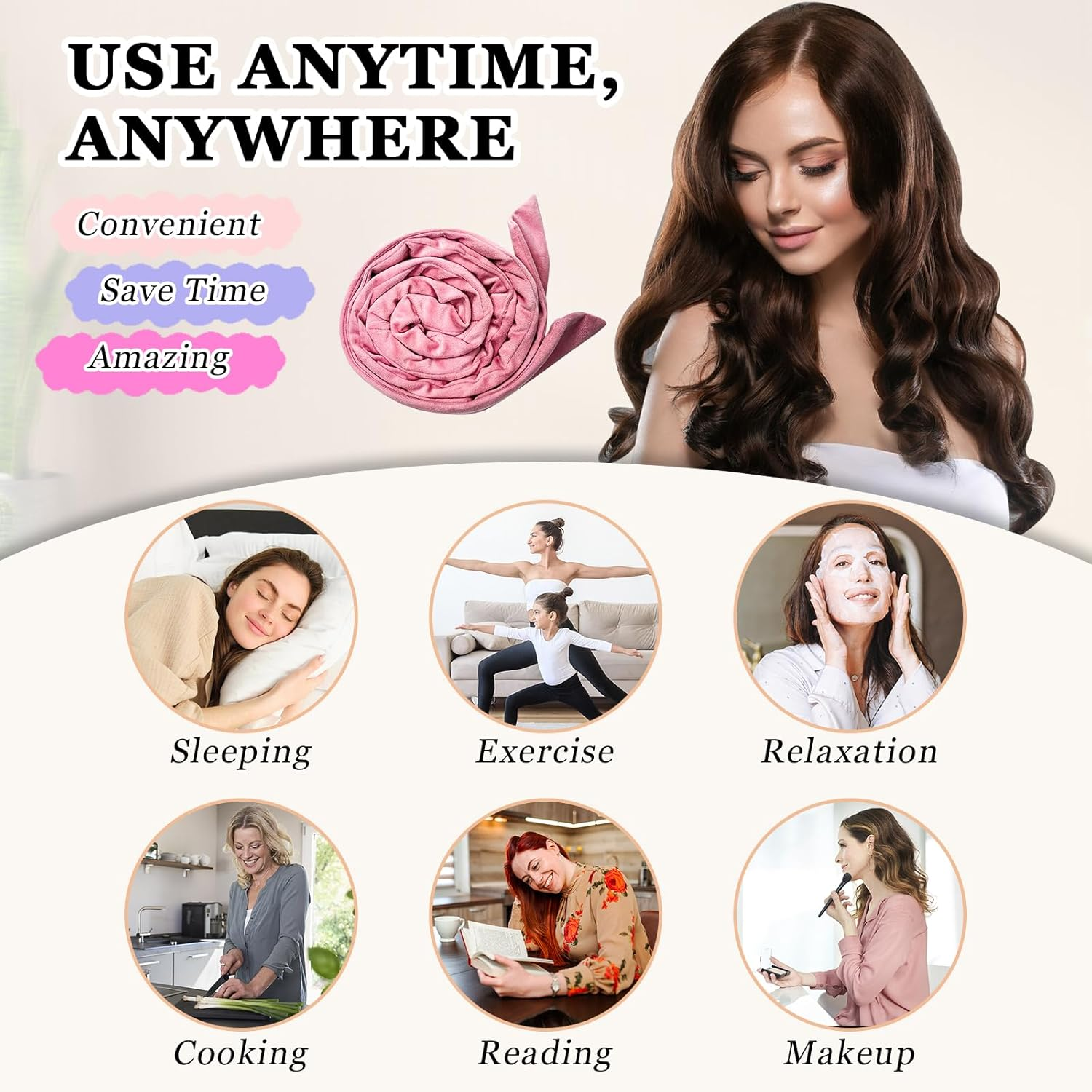 Gwabee No Heat Overnight Curl Headband, 70" Soft Ribbon Curl Wrap for Long Hair - 9 PCS Rods Set with Bonnet, Pink - Black image number 2