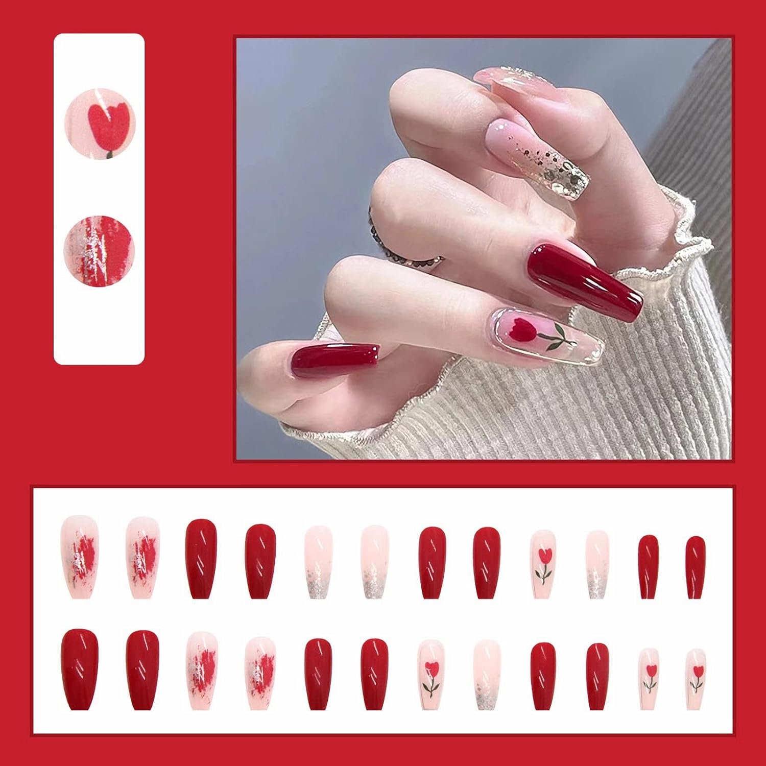 RYUUSEI Long Coffin Press on Nails Ballerina Nails Matte Fake Nails Red False Nails Acrylic Full Cover Glue on Nails Flower Acrylic Nails with Design for Women and Girls image number 2
