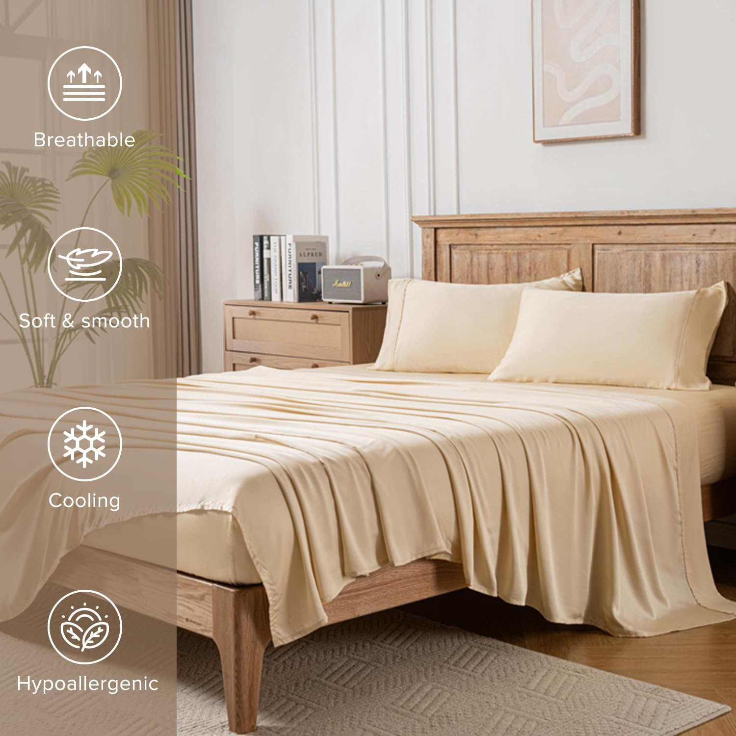 Lakora Bamboo Sheet Set Queen Size - 1000TC Set with Fitted Sheet, Flat Sheet - Cooling Bedding with Deep Pocket- Breathable, Soft, Hypoallergenic for Hot Sleepers (Champagne,Queen) image number 1