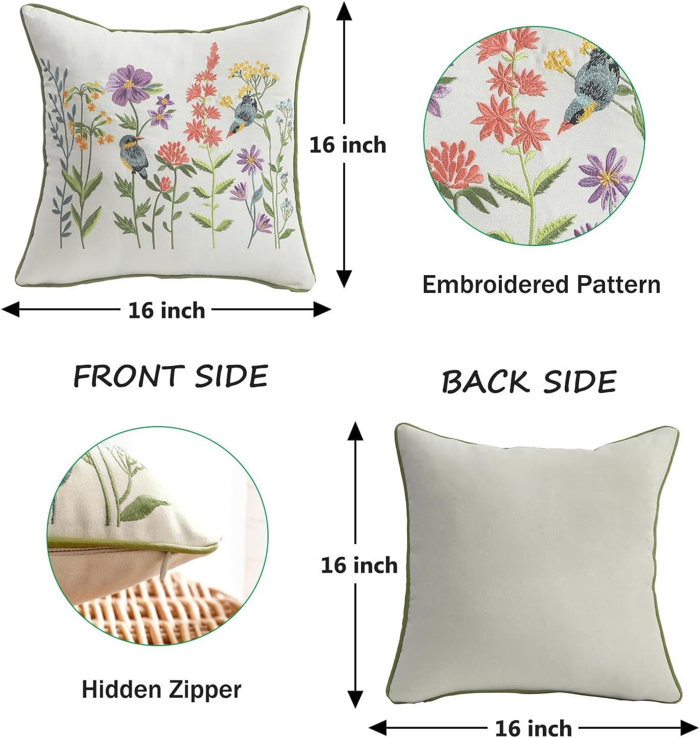 Tosleo Embroidered Throw Pillow Covers 16 X 16 Inch Pack of 2 Vintage Birds with Flowers Farmhouse Pillow Cushion Cases Spring Decorative Pillowcases Spring Home Decor Square Floral Pillow Case image number 4