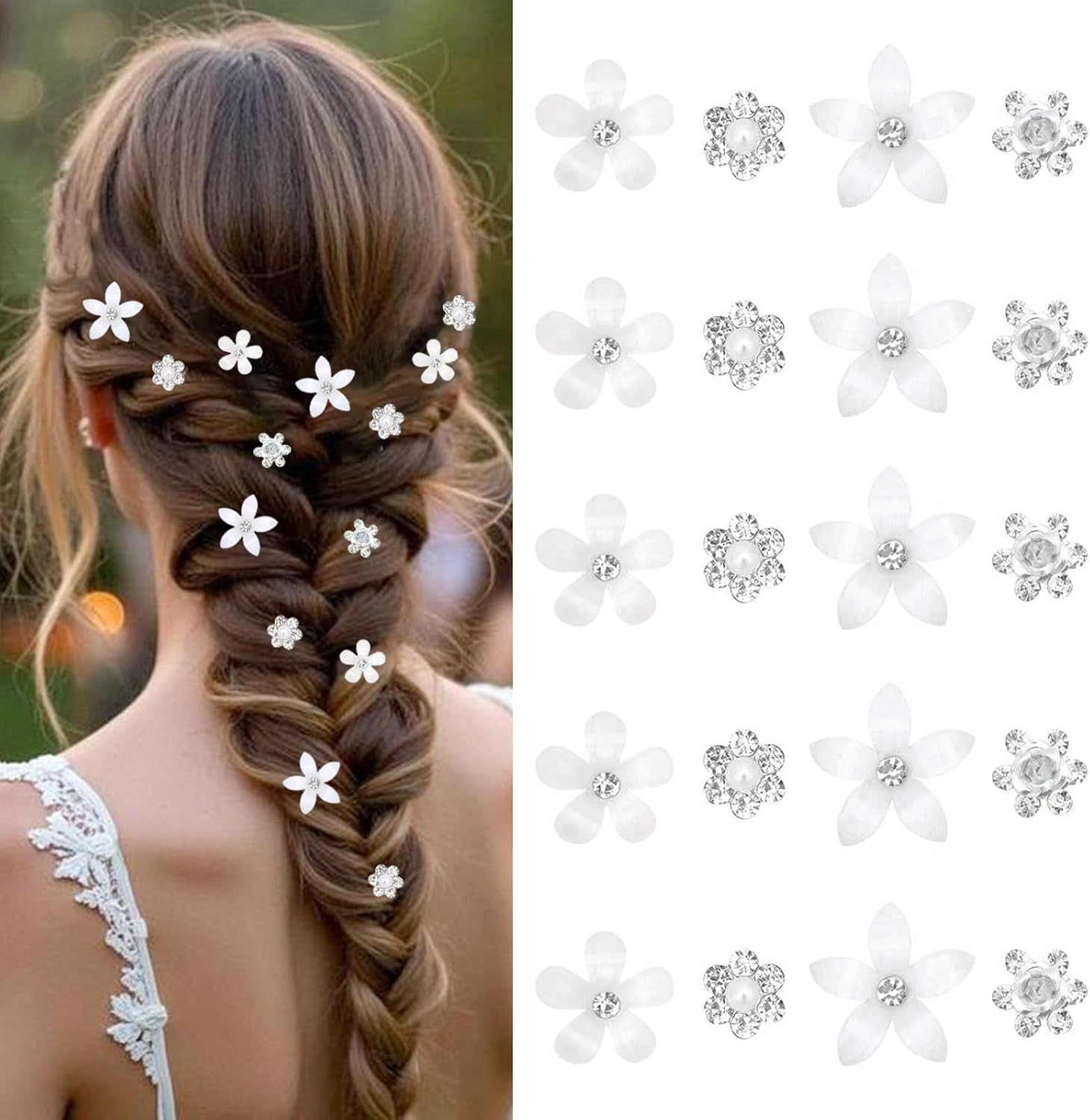 Mezrkuwr 20 Pieces White Small Flower Hair Clips Mini Rhinestone Metal Hair Pins for Women Bridal Flower Girl Wedding Hair Clips Hair Accessories for Girls and Women image number 1
