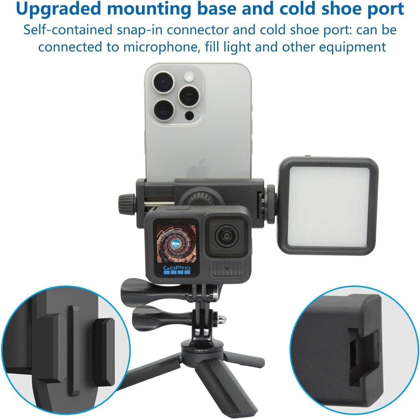 Suptig Phone Holder for Tripod, Action Camera Tripod Mount Adapter Compatible for Iphone, Gopro, DJI Action, Insta 360, Akaso, Mic, LED Light Photography Accessories image number 1