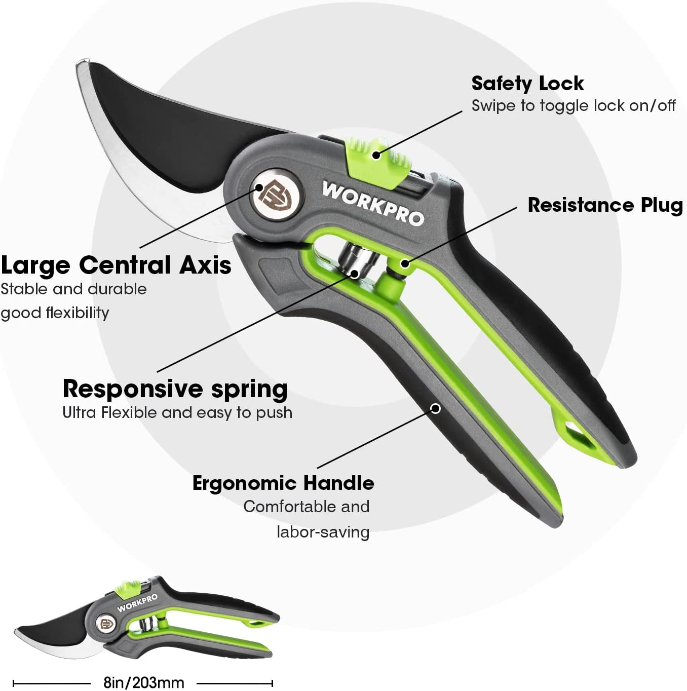 WORKPRO Bypass Pruning Shears, Stainless Steel Gardening Hand Pruner, Professional Garden Trimming Scissors with Sharp SK5 Steel Blades, Ideal Garden Tool,Green 203Mm Length image number 3