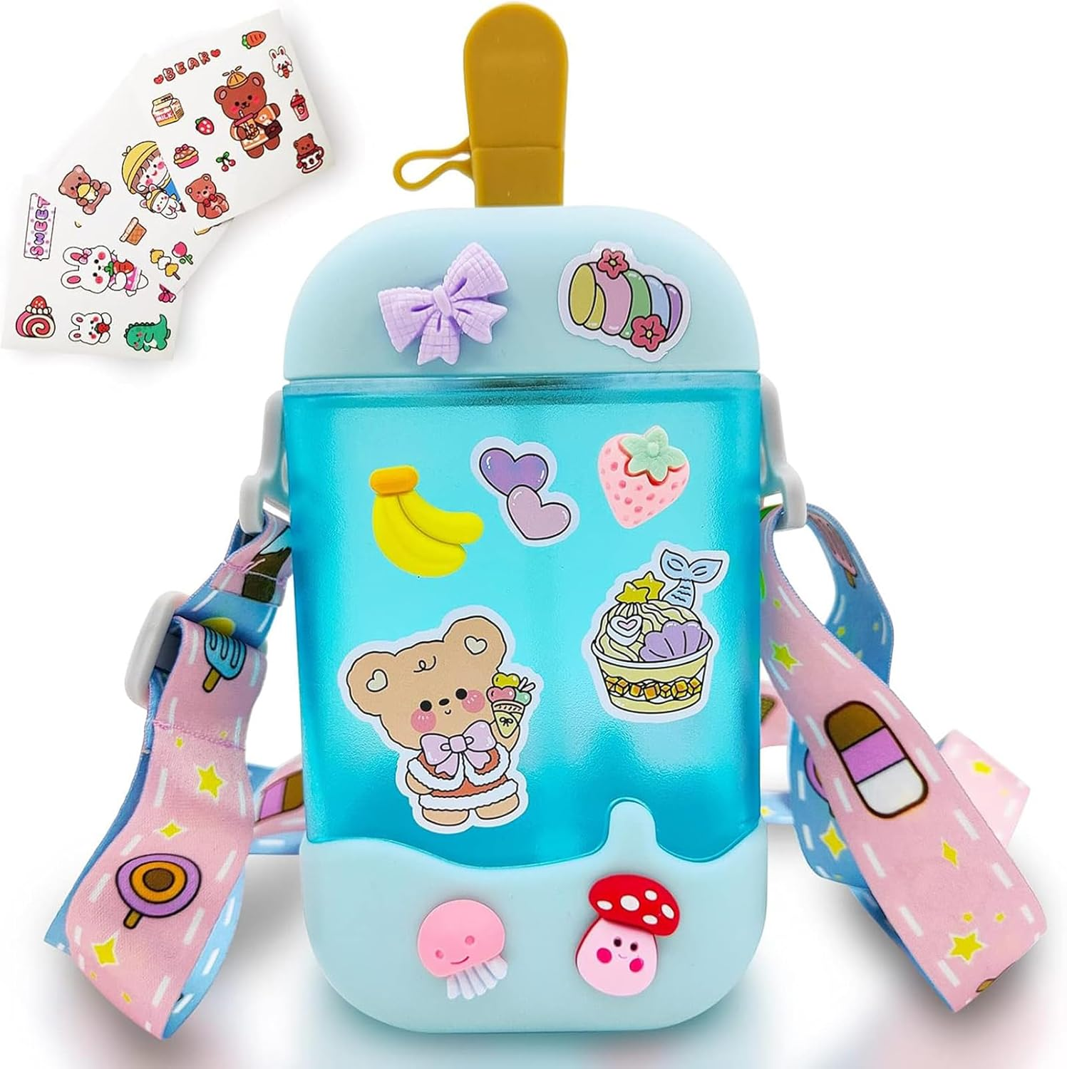 Kawaii Water Bottle Cute Ice Cream Water Bottles with Straw, Kawaii Popsicle Water Bottle with Adjustable Shoulder Strap and Stickers, Popsicle Cup for School Girls and Boys, Bpa-Free 400Ml (Pink)