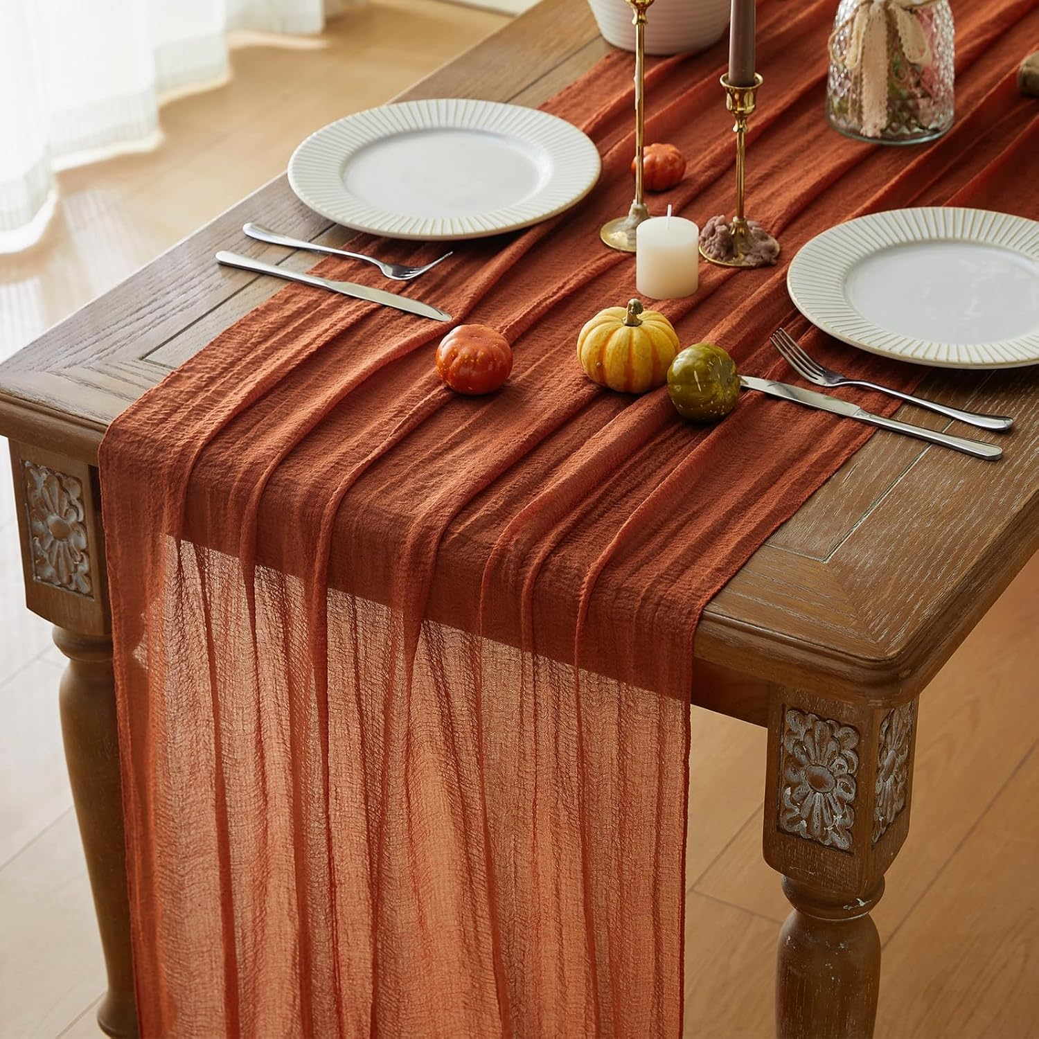 Terracotta Table Runner Christmas Cheesecloth Gauze 10 FT Rustic Burnt Orange Cheese Cloth for Wedding Baby Bridal Shower Friendsgiving Party Sheer Winter Home Decorations (Terracotta, 1 Pack) image number 6