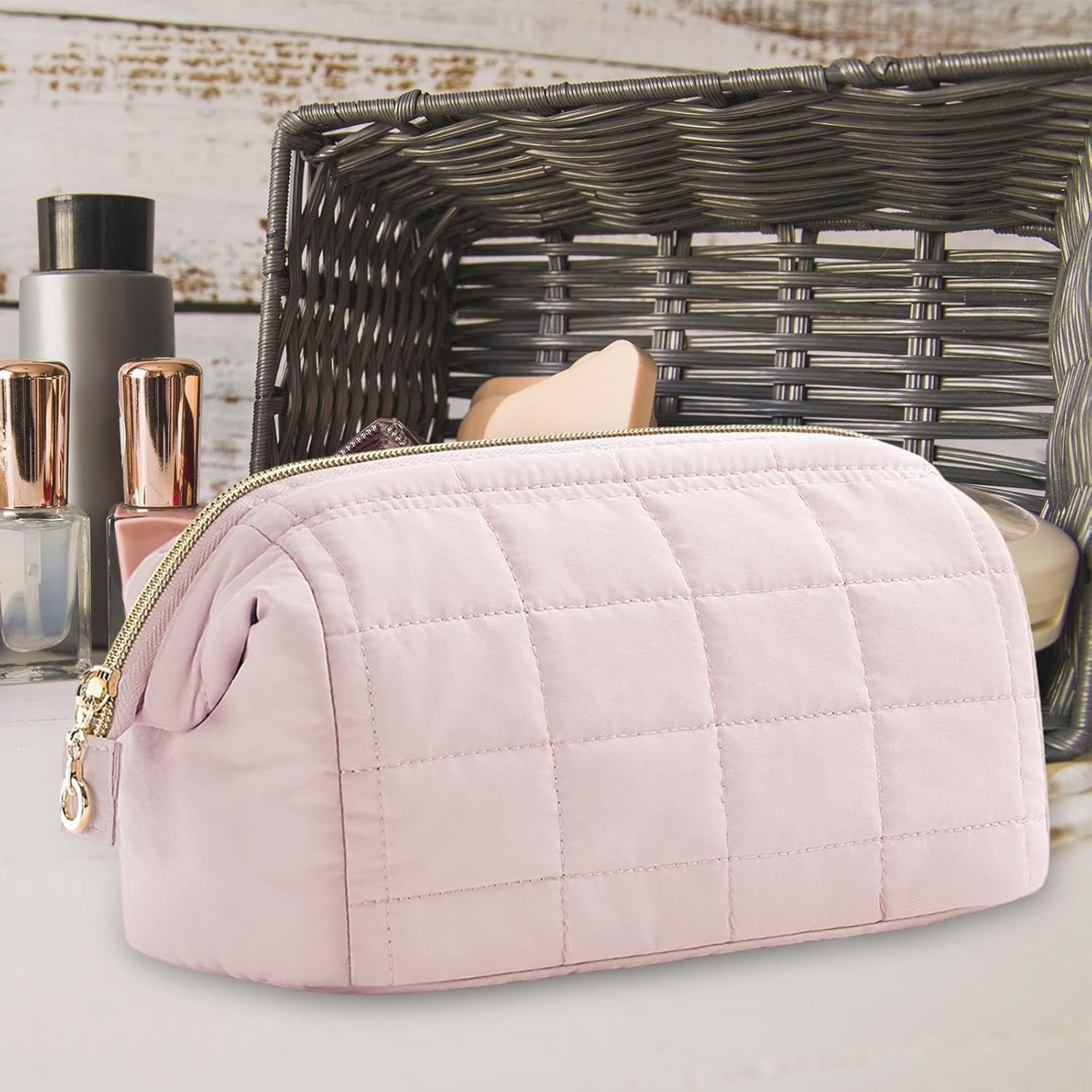 Amagogo Cosmetic Bag Cotton Makeup Bag Lightweight Zipper Closure Portable Toiletries Pouch Toiletry Bag for Hiking Business Trips, Pink image number 5