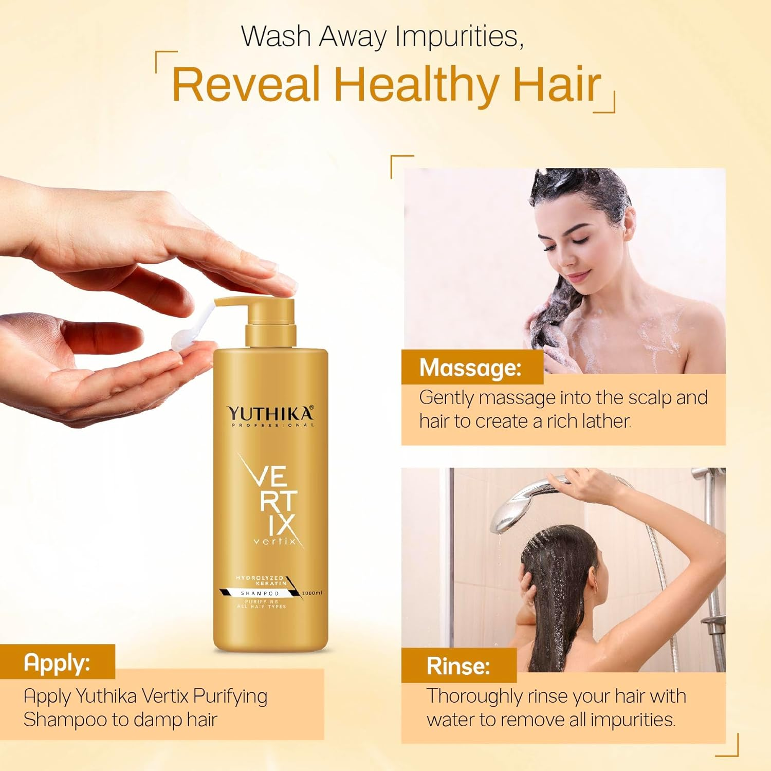 Yuthika Professional Vertix Hydrolyzed Keratin Purifying Shampoo for All Hair Types 1000Ml I Deep Cleansing, Removes Dirt, Impurities & Strengthens