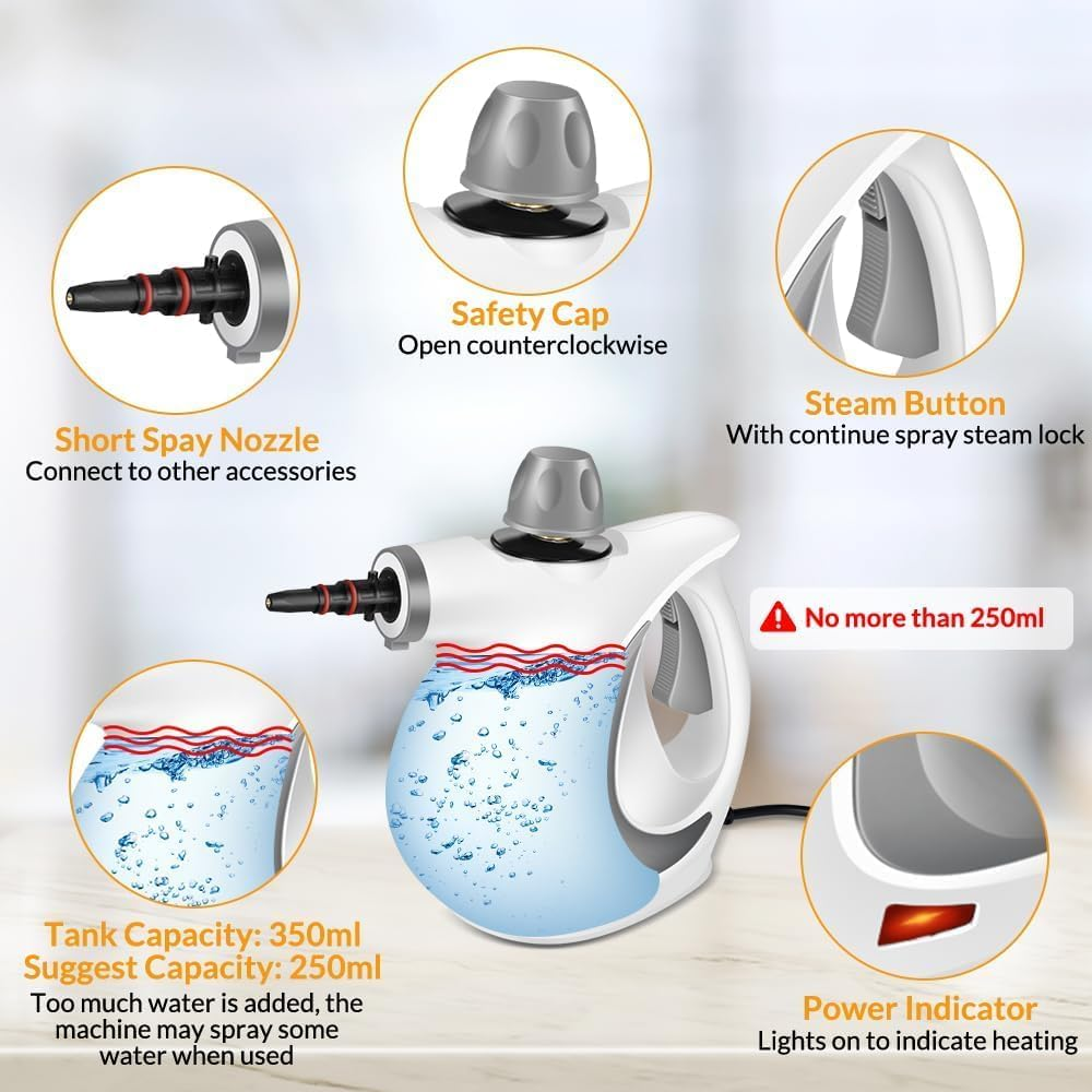 HOMIEST Handheld Pressurized Steam Cleaner with 12 Pcs Accessories, Portable Steamer for Cleaning, Steam Cleaner for Home Use, Cleaning Car, Furniture, Floor, Upholstery, Grout and Tile, Gray image number 6